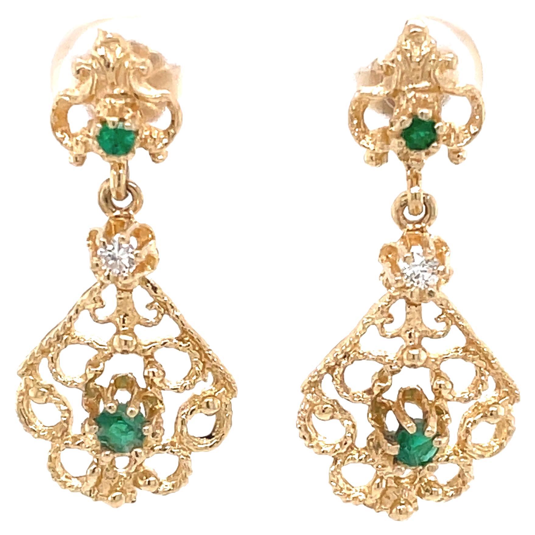 Emerald and Diamond 14 Karat Yellow Gold Victorian Style Drop Earrings 