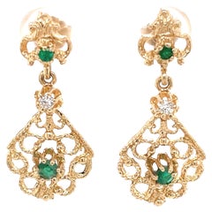 Emerald and Diamond 14 Karat Yellow Gold Victorian Style Drop Earrings 