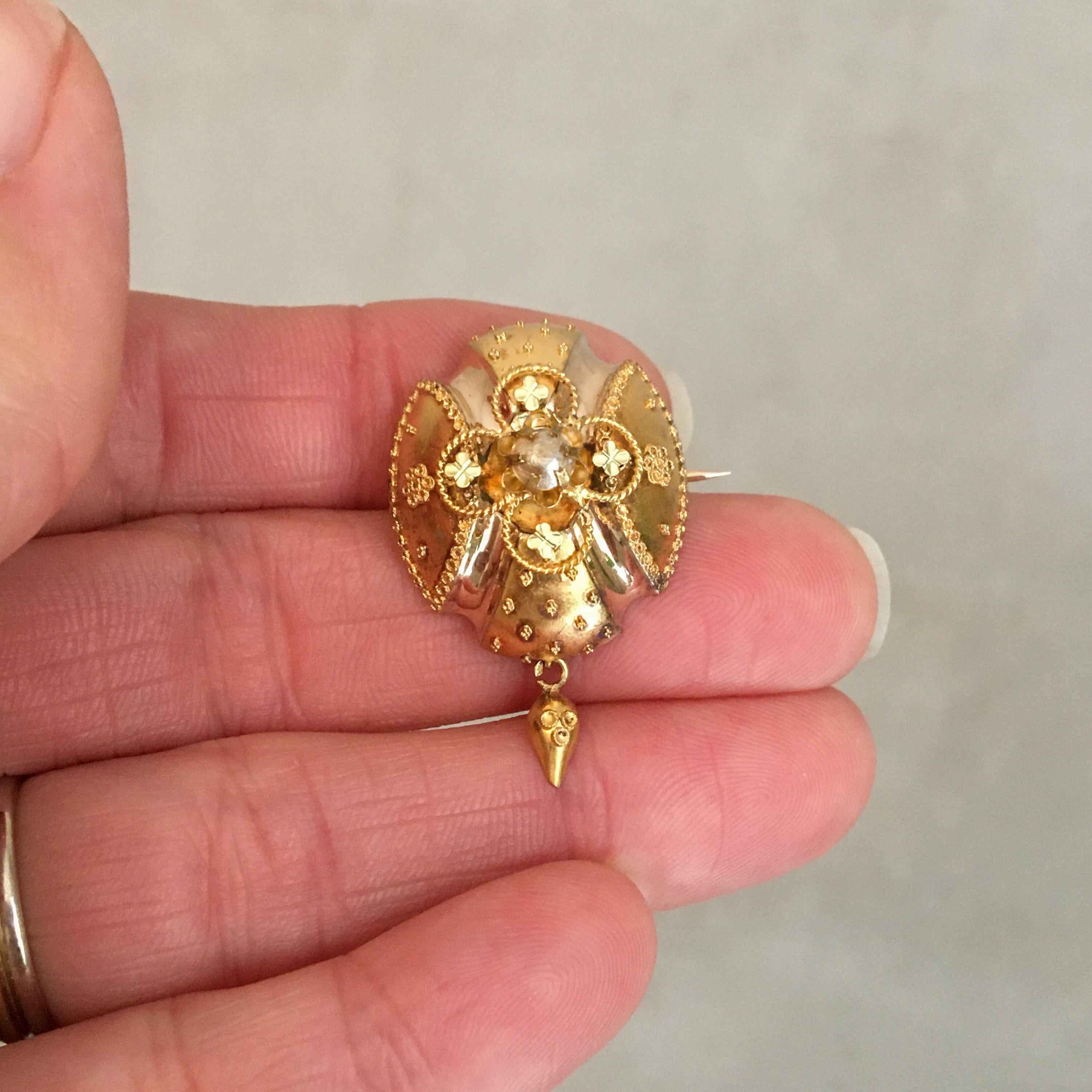 Victorian Antique 14 Karat Yellow Gold Pearl Cannetille Brooch For Sale