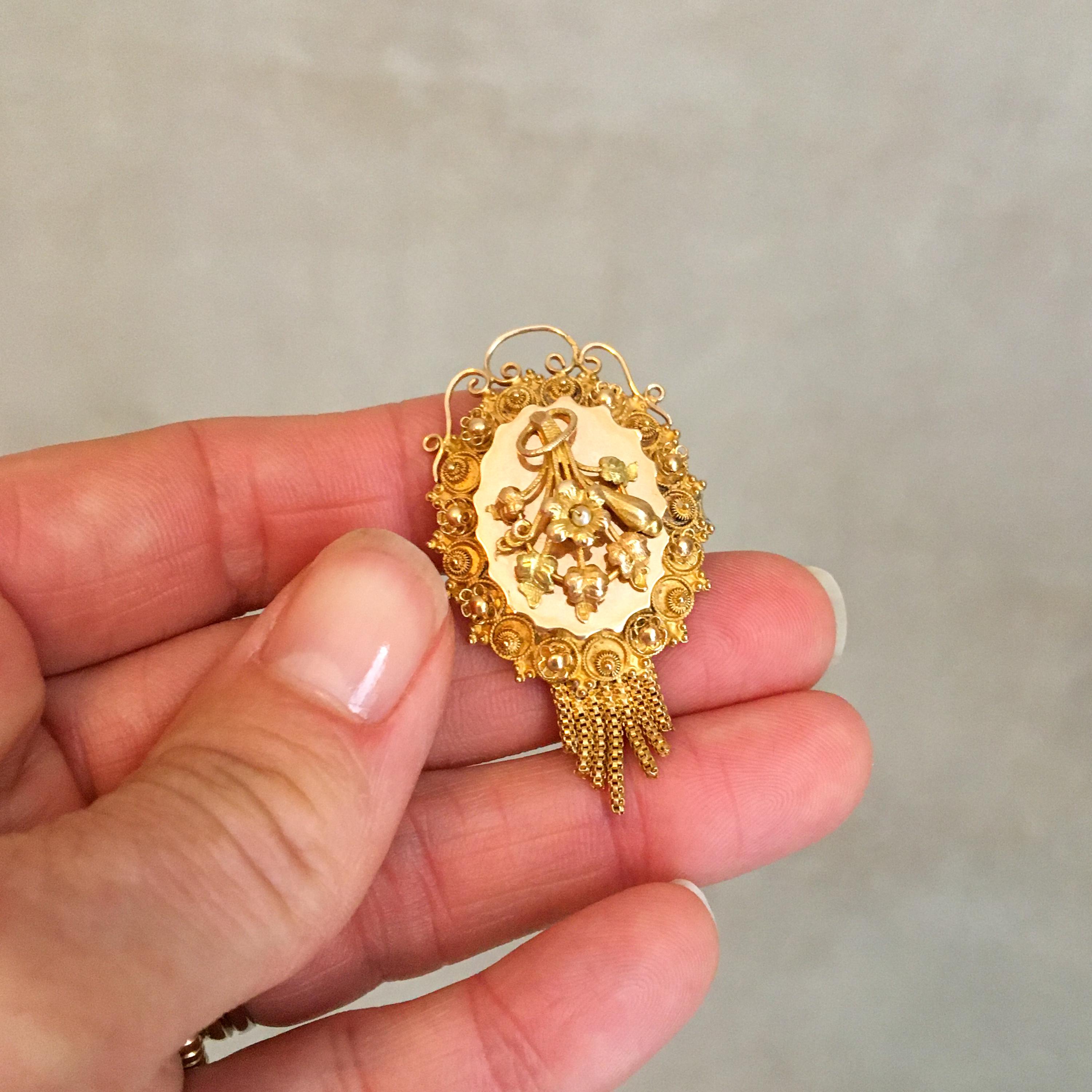 Victorian Antique 14K Gold Orient Pearl and Cannetille Tassel Brooch For Sale