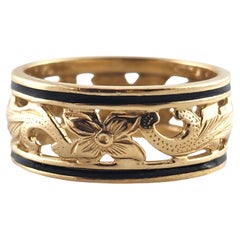 14 Karat Yellow Gold Filigree Ring with Black Enamel Size 5.75 #19288