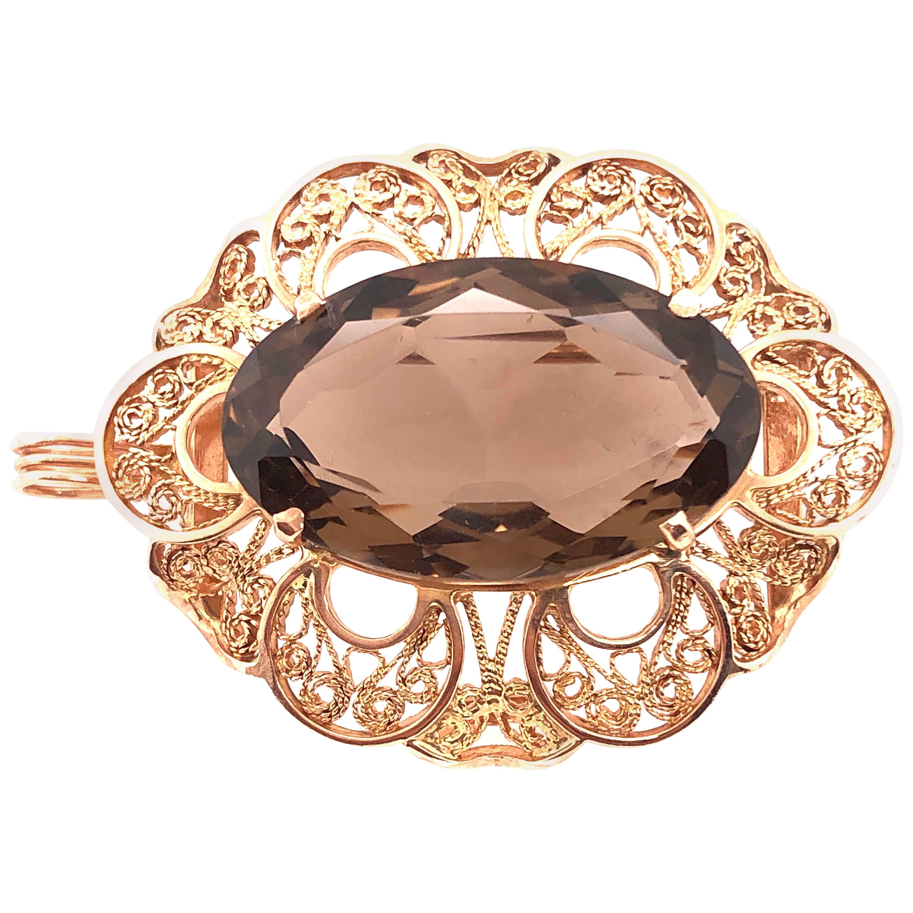 14 Karat Yellow Gold Filigree with Smokey Oval Topaz Brooch / Charm