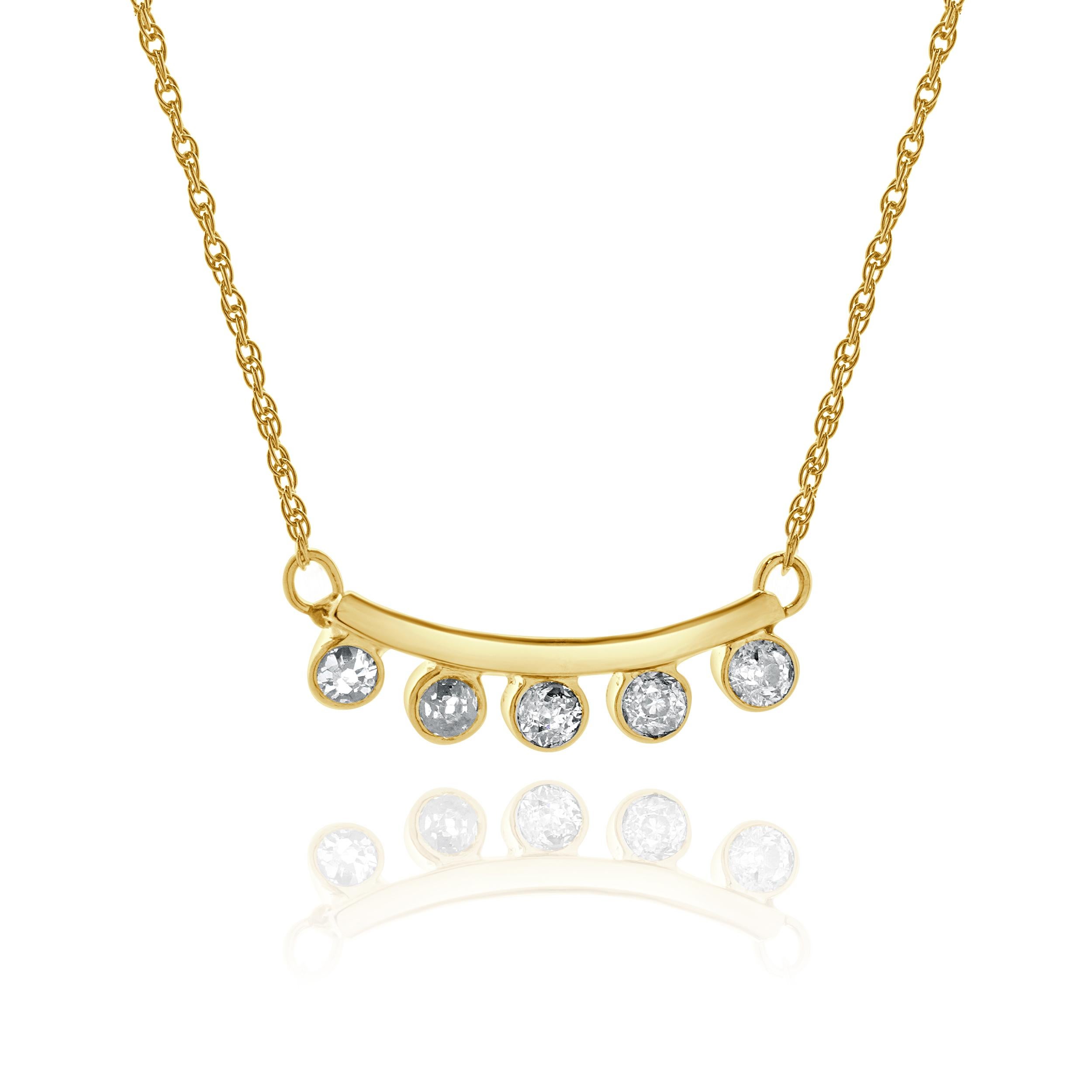 Designer: personalizzato
Materiale: Oro giallo 14
Diamante: 5 tagli di miniera = 0,60cttw
Colore: I / J
Chiarezza: I1
Lunghezza: la collana misura 15.75 pollici di lunghezza
Peso: 3.50 grammi
