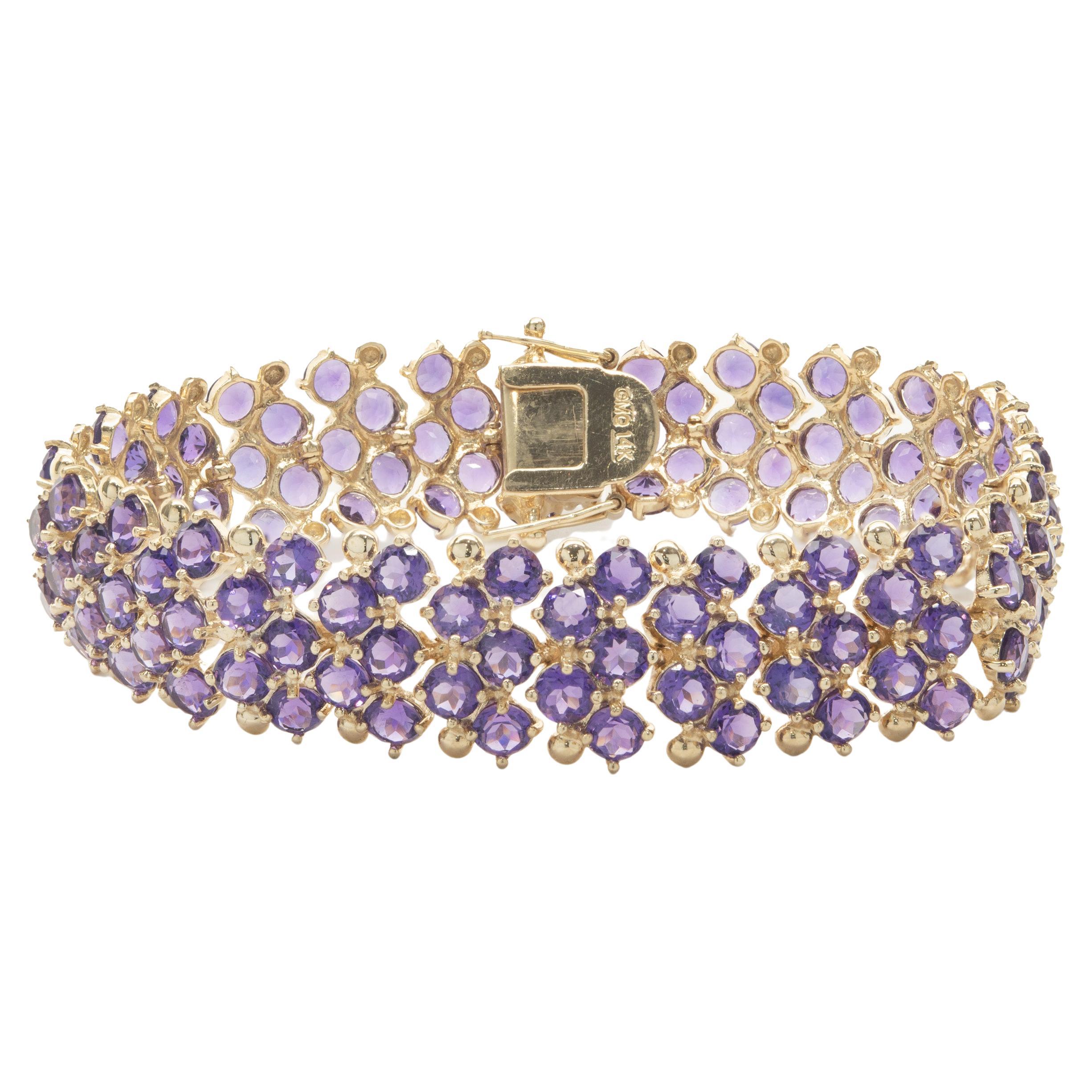 14 Karat Yellow Gold Five Row Amethyst Bracelet For Sale