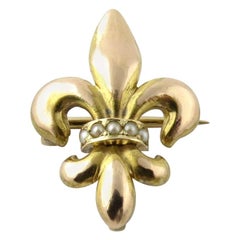 Vintage 14 Karat Yellow Gold Fleur-de-Lis and Pearl Pin Pendant