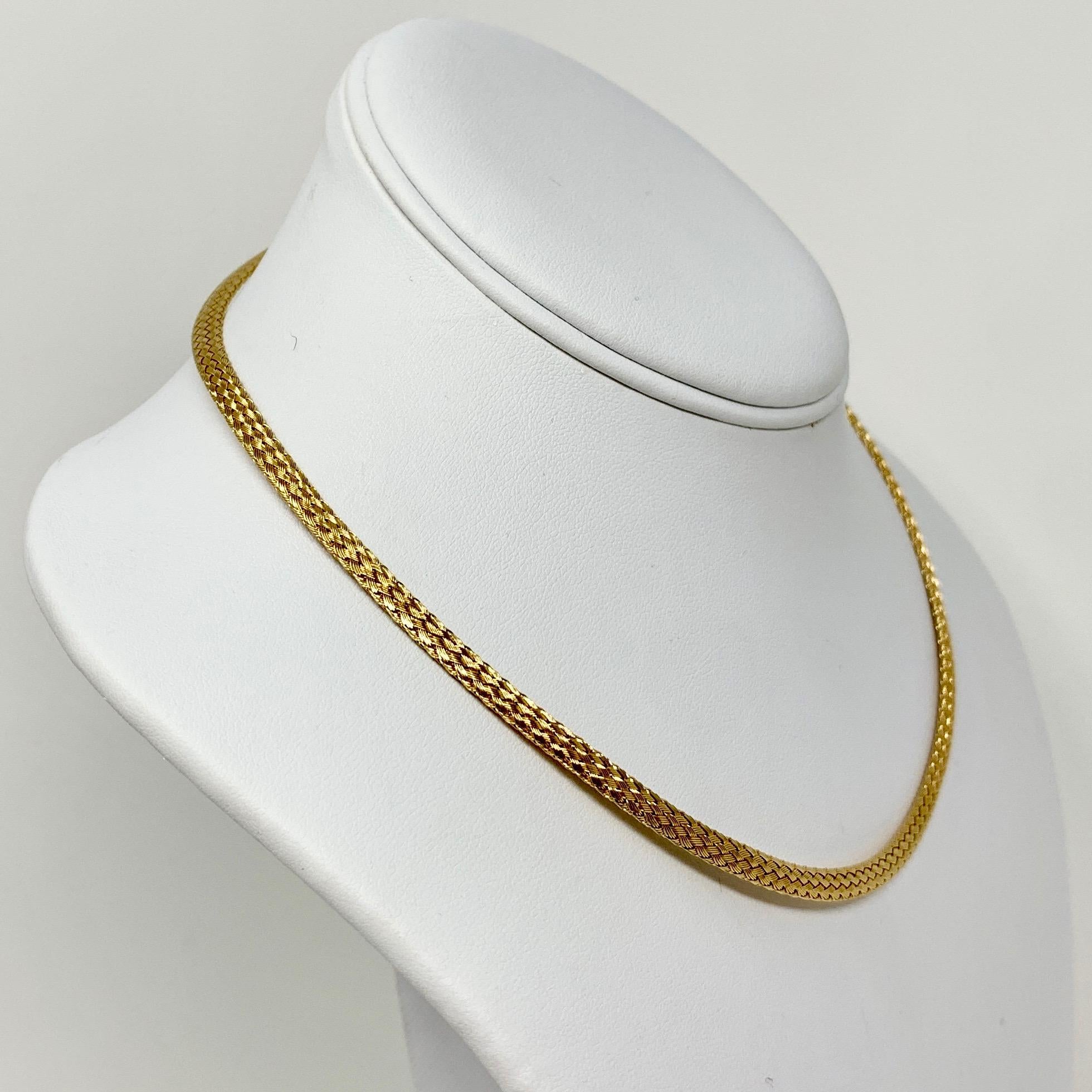 14k Yellow Gold Flex Braided Weave Fancy Necklace Italy 16.5 Inches

Condition:  Excellent Condition, Professionally Cleaned and Polished
Metal:  14k Gold (Marked, and Professionally Tested)
Weight:  13.3g
Length:  16.5 Inches
Width:  4mm
Closure: 