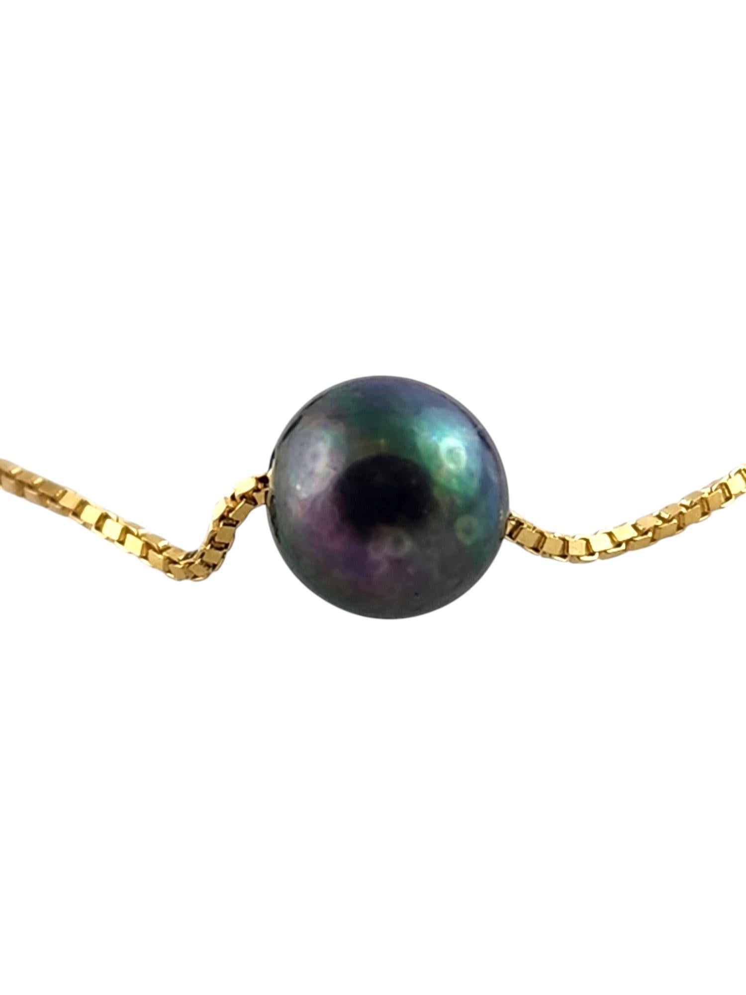 Bead 14 Karat Yellow Gold Floating Black Pearl Necklace #19332 For Sale