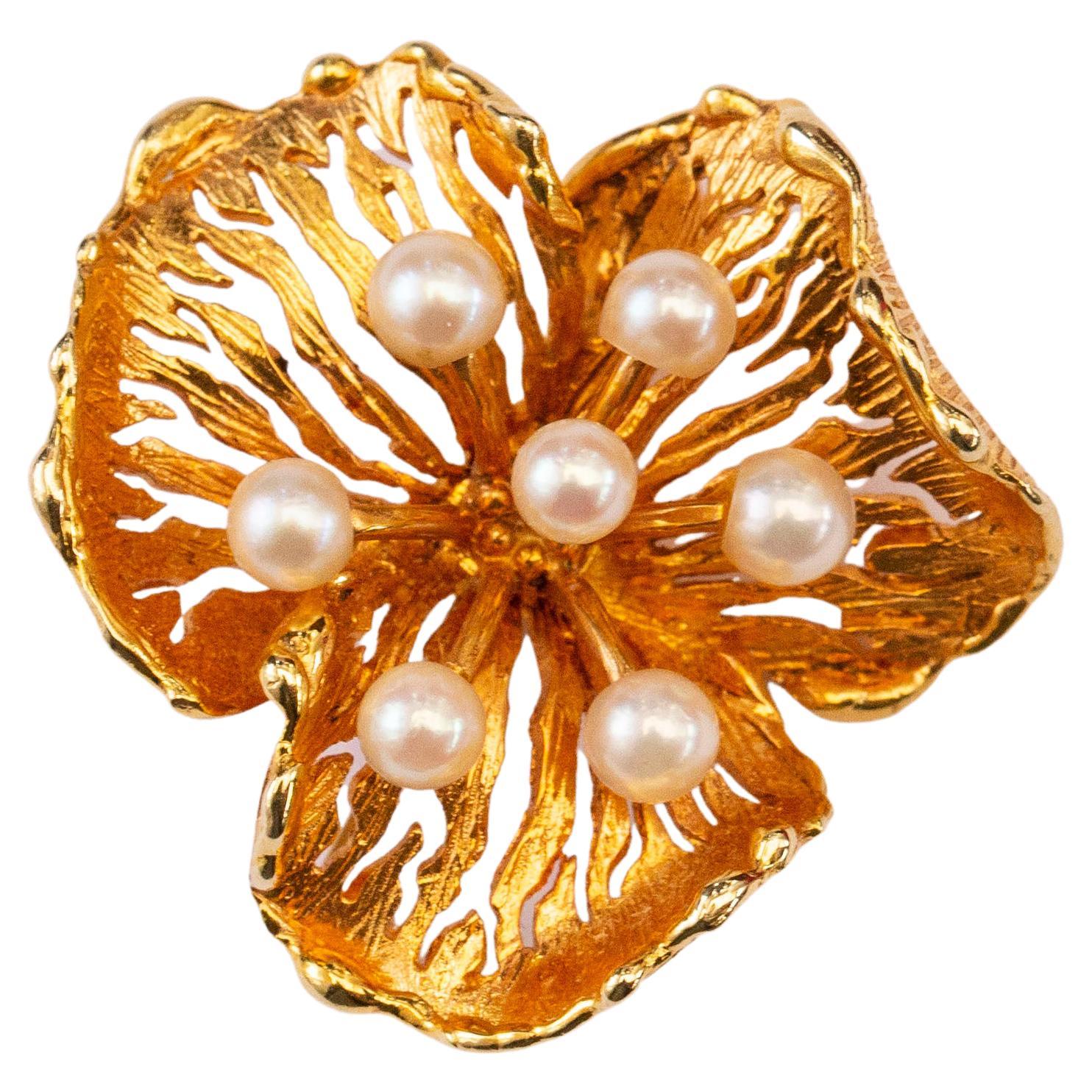 14 Karat Yellow Gold Floral Brooch with Seven Cultivated Akoya Pearls  For Sale