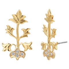 14 Karat Yellow Gold Floral Diamond Leaf Ear Climbers 0.70 Inch Stud Earrings