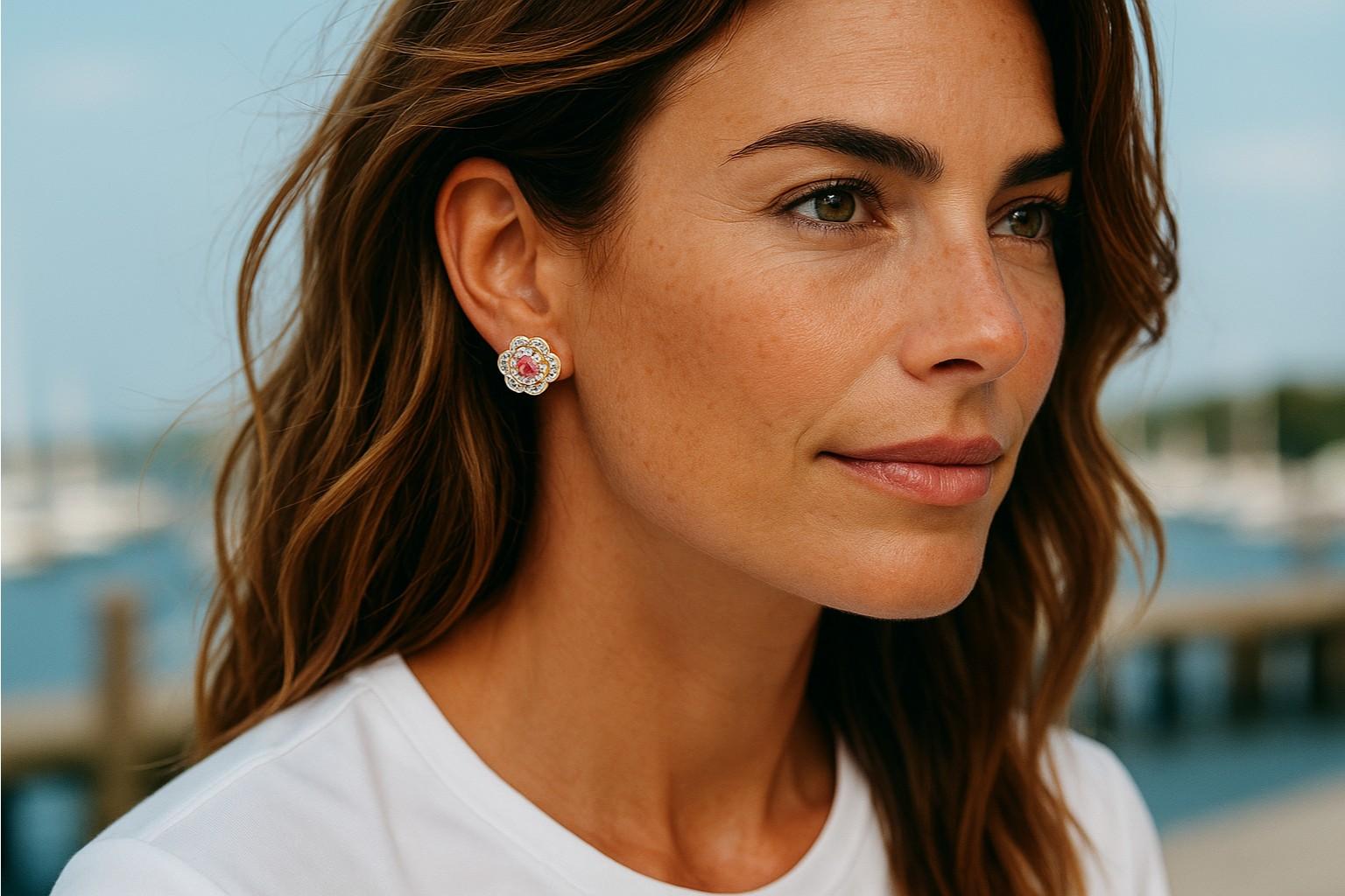 A charming blend of elegance and femininity, these pre-owned 14K yellow gold earrings feature a timeless floral design set with vibrant rubies and sparkling diamonds. Measuring approximately 0.53 inch  in diameter and weighing 4.5 grams, they are