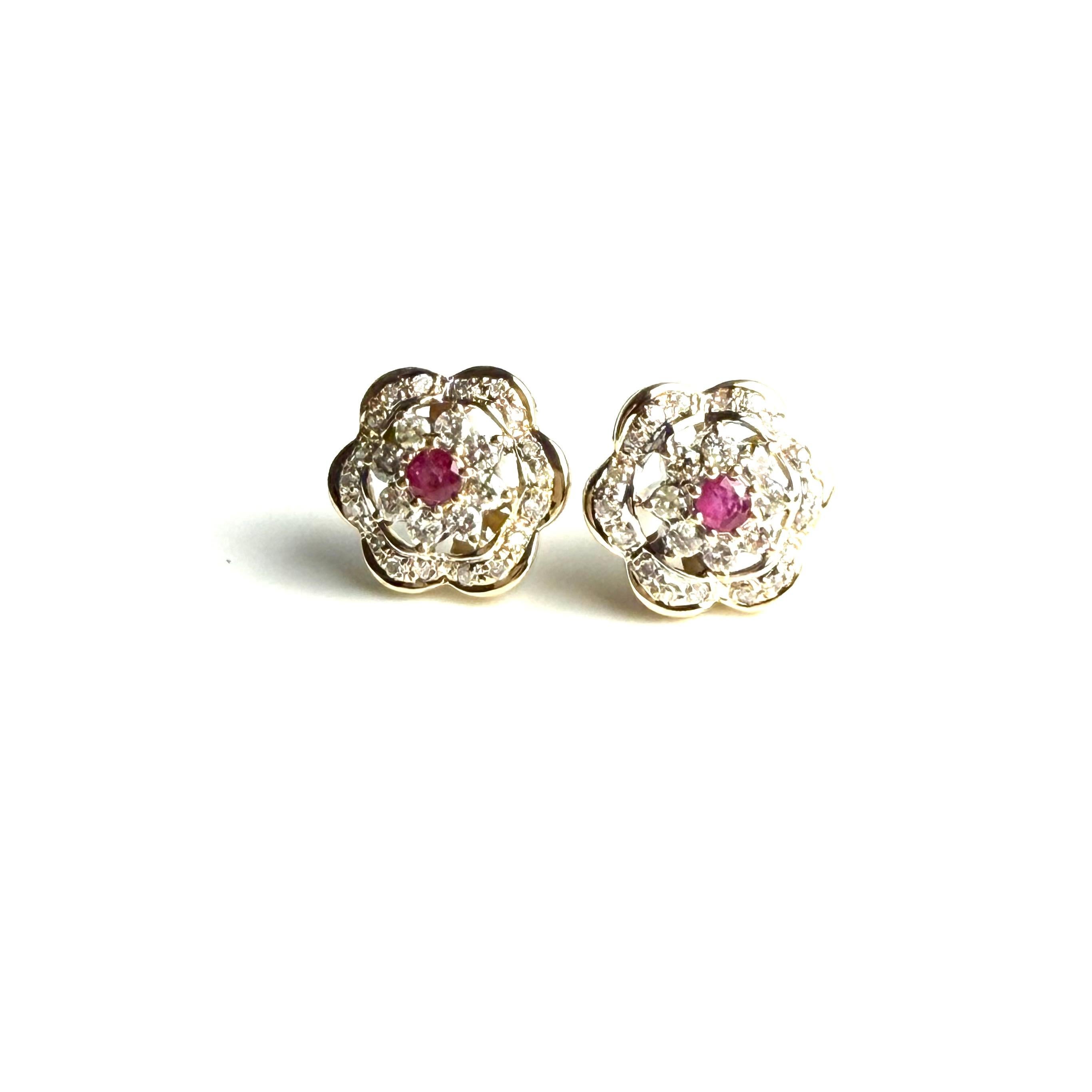 Modern 14 Karat Yellow Gold Floral Ruby and Diamond Earrings For Sale