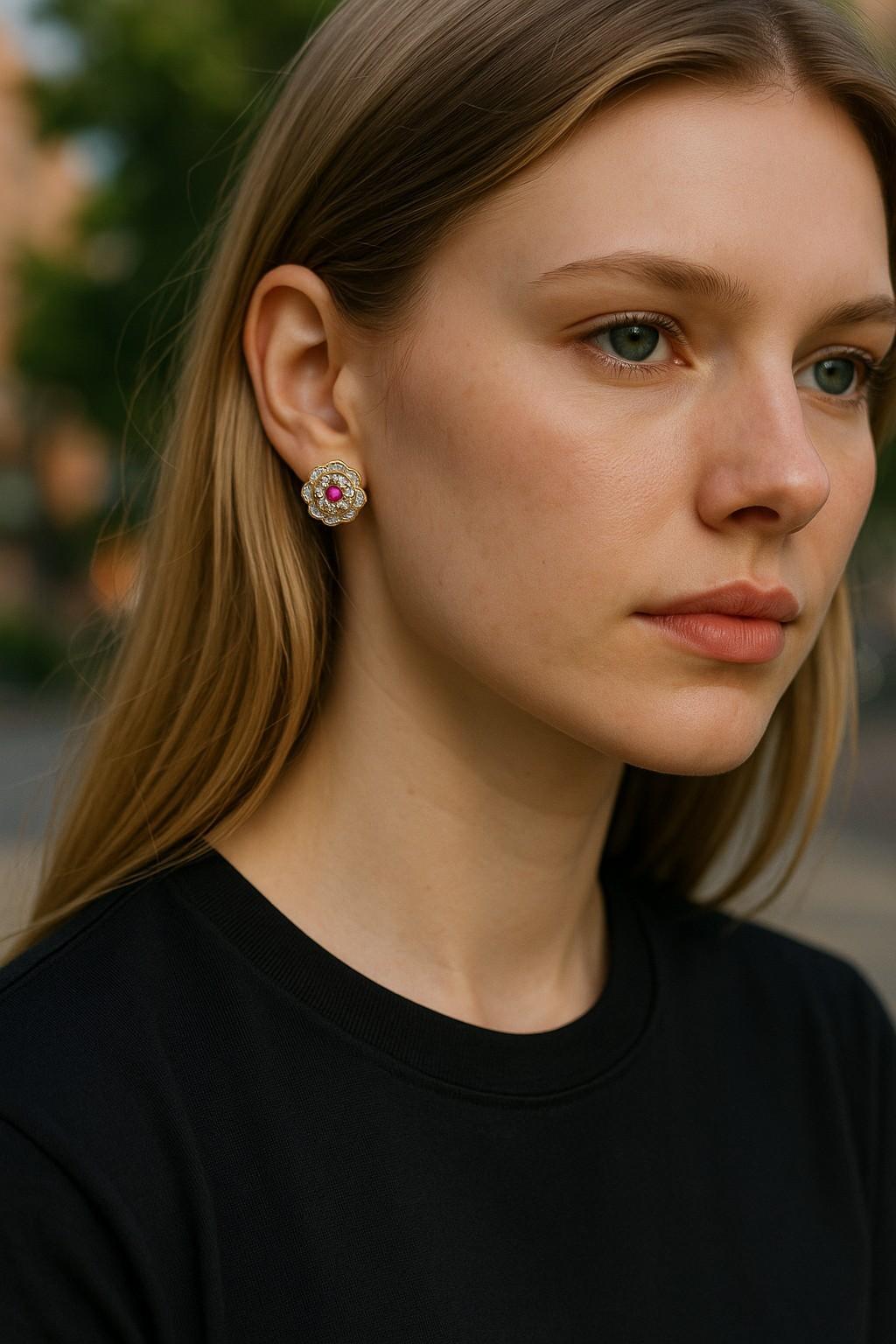 Round Cut 14 Karat Yellow Gold Floral Ruby and Diamond Earrings For Sale