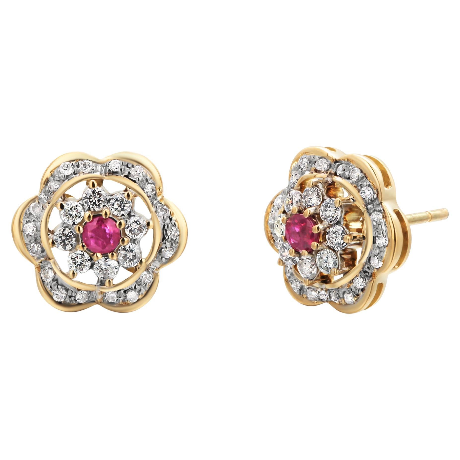 14 Karat Yellow Gold Floral Ruby and Diamond Earrings For Sale