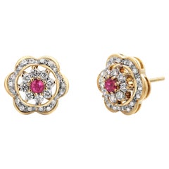14 Karat Yellow Gold Floral Ruby and Diamond Earrings