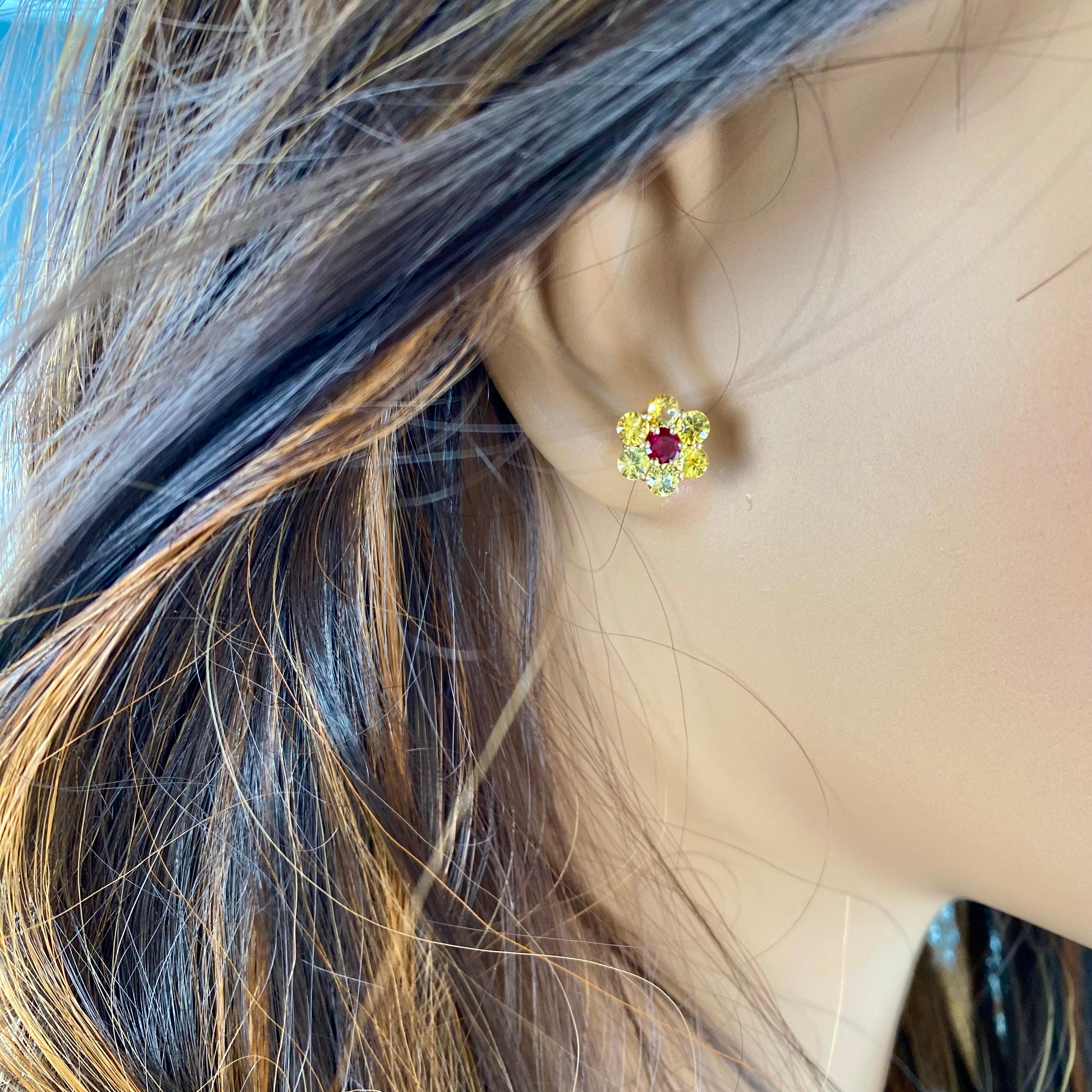 Contemporary 14 Karat Yellow Gold Floral Stud Earrings Yellow Ceylon Sapphires Ruby 0.35 Inch For Sale