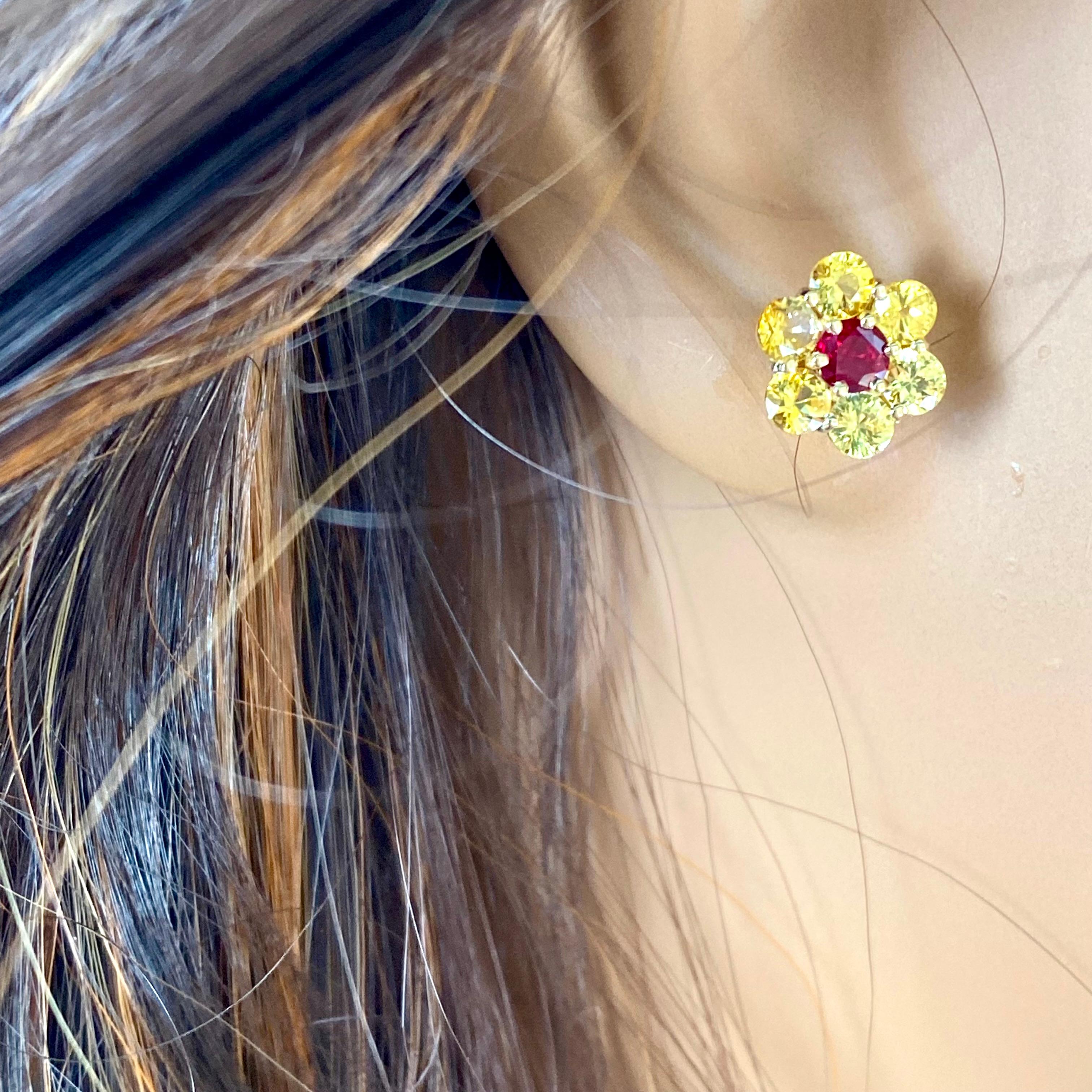 Round Cut 14 Karat Yellow Gold Floral Stud Earrings Yellow Ceylon Sapphires Ruby 0.35 Inch For Sale