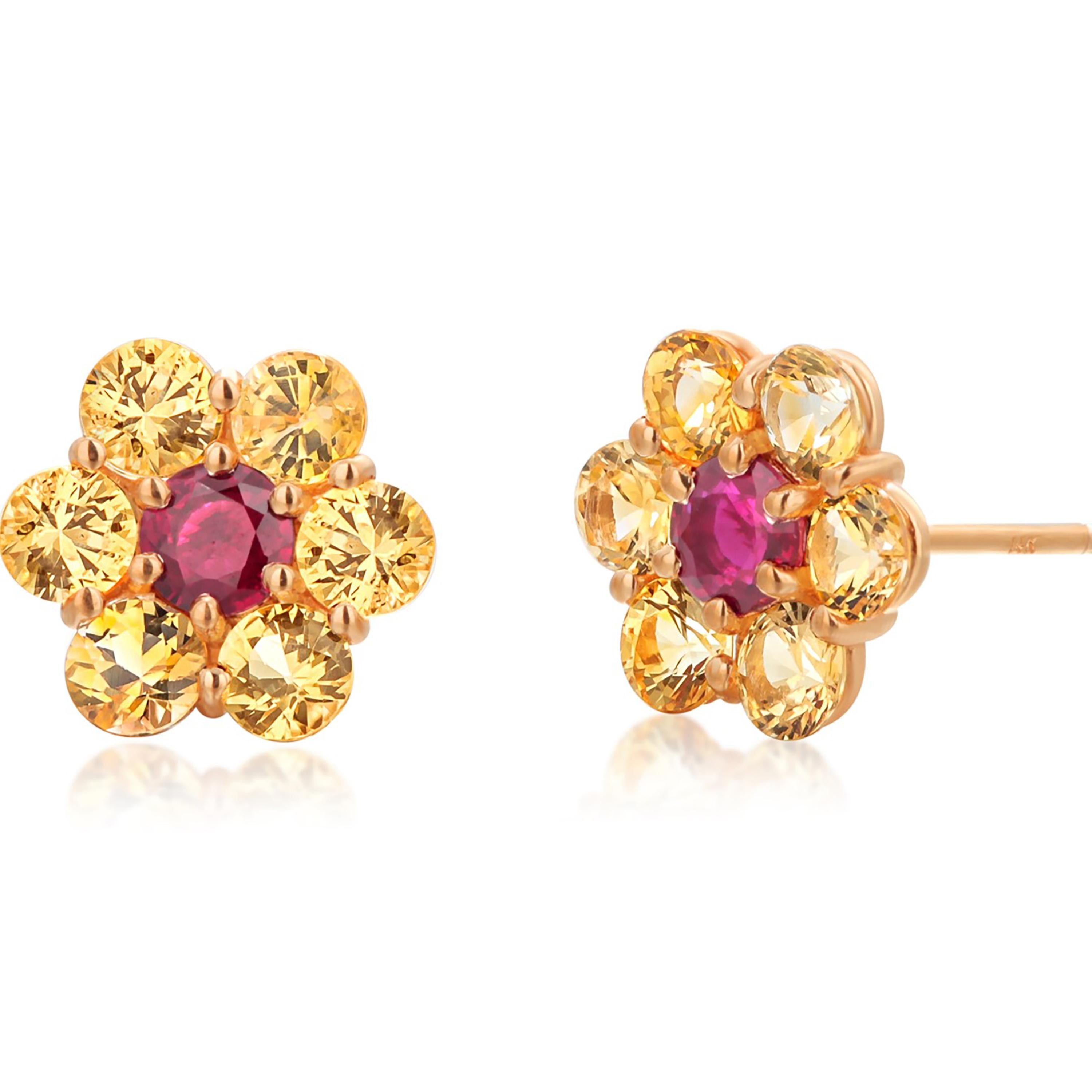 14 Karat Yellow Gold Floral Stud Earrings Yellow Ceylon Sapphires Ruby 0.35 Inch In New Condition For Sale In New York, NY