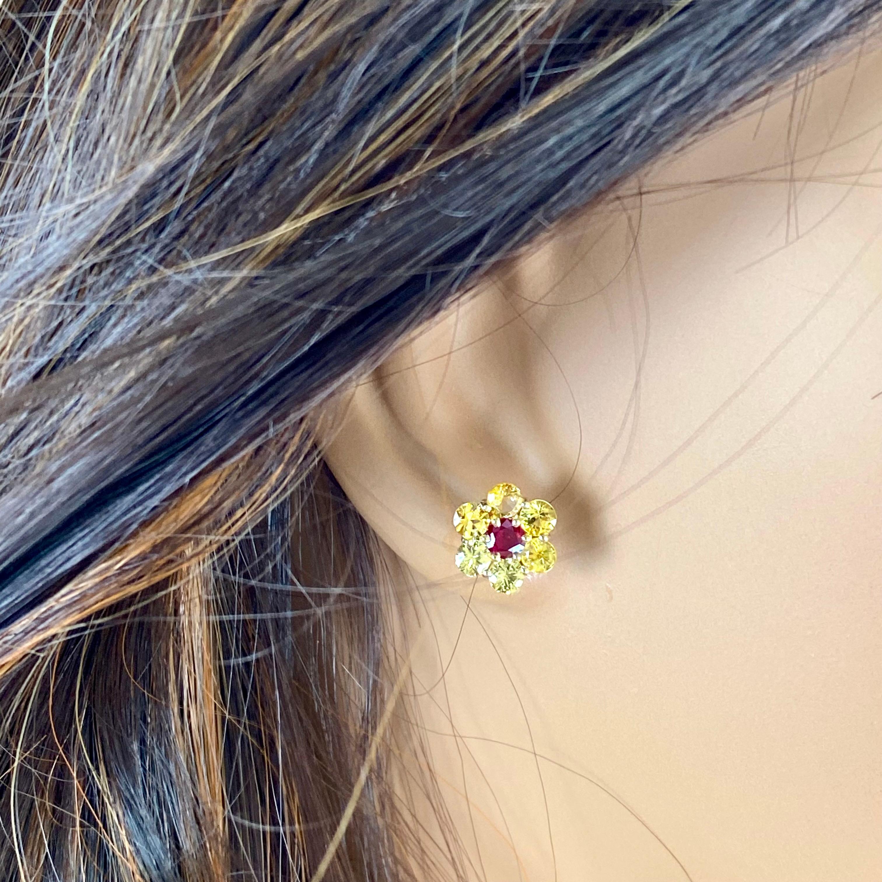 14 Karat Yellow Gold Floral Stud Earrings Yellow Ceylon Sapphires Ruby 0.35 Inch For Sale 1