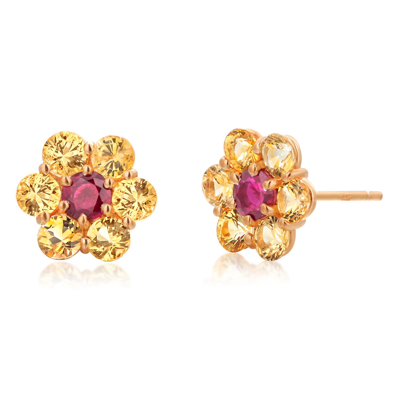 14 Karat Yellow Gold Floral Stud Earrings Yellow Ceylon Sapphires Ruby 0.35 Inch For Sale 2