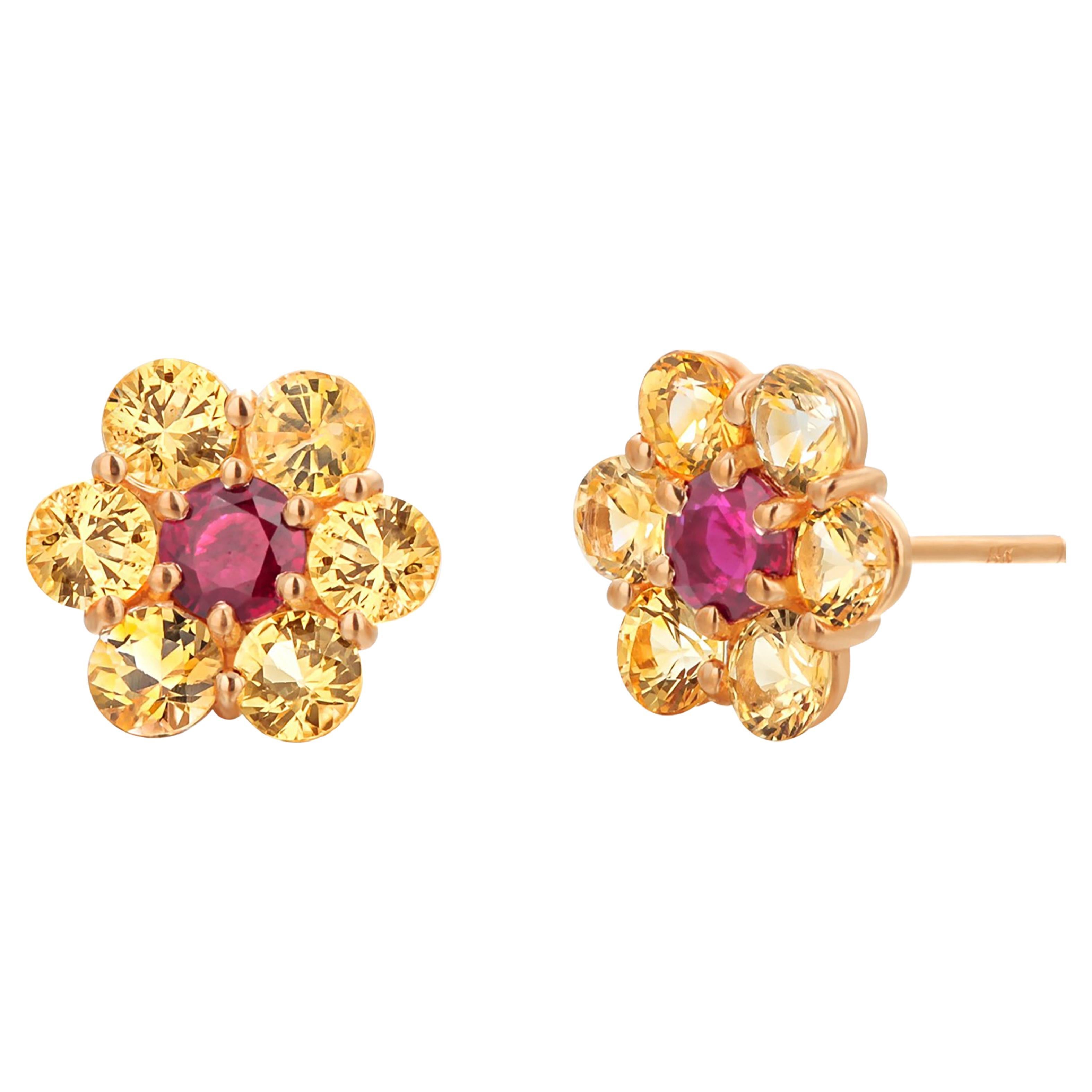 14 Karat Yellow Gold Floral Stud Earrings Yellow Ceylon Sapphires Ruby 0.35 Inch For Sale