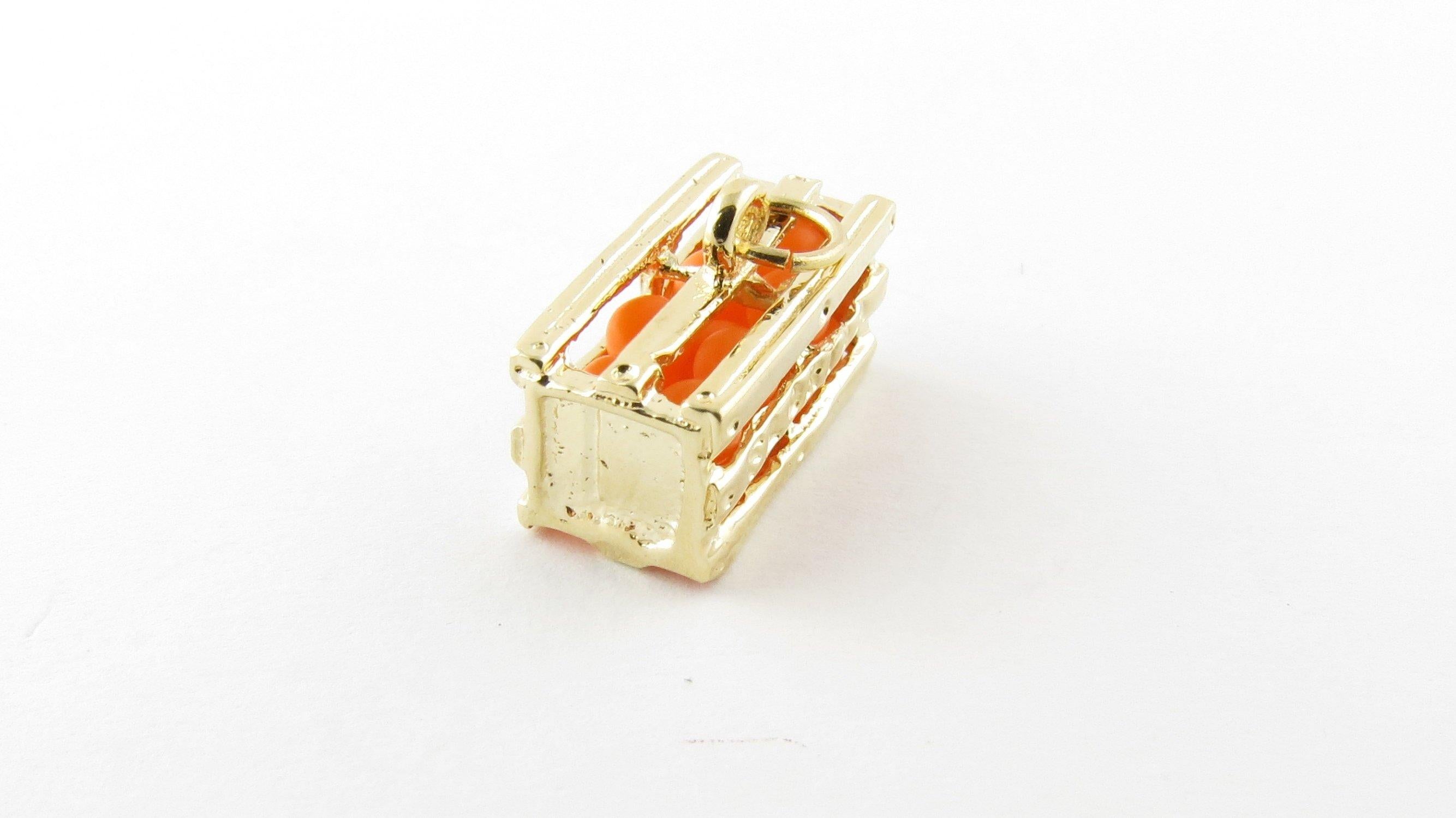 Vintage 14 Karat Yellow Gold Florida Orange Crate Charm. A crate full of sunshine! This whimsical 3D charm features a miniature crate filled with 