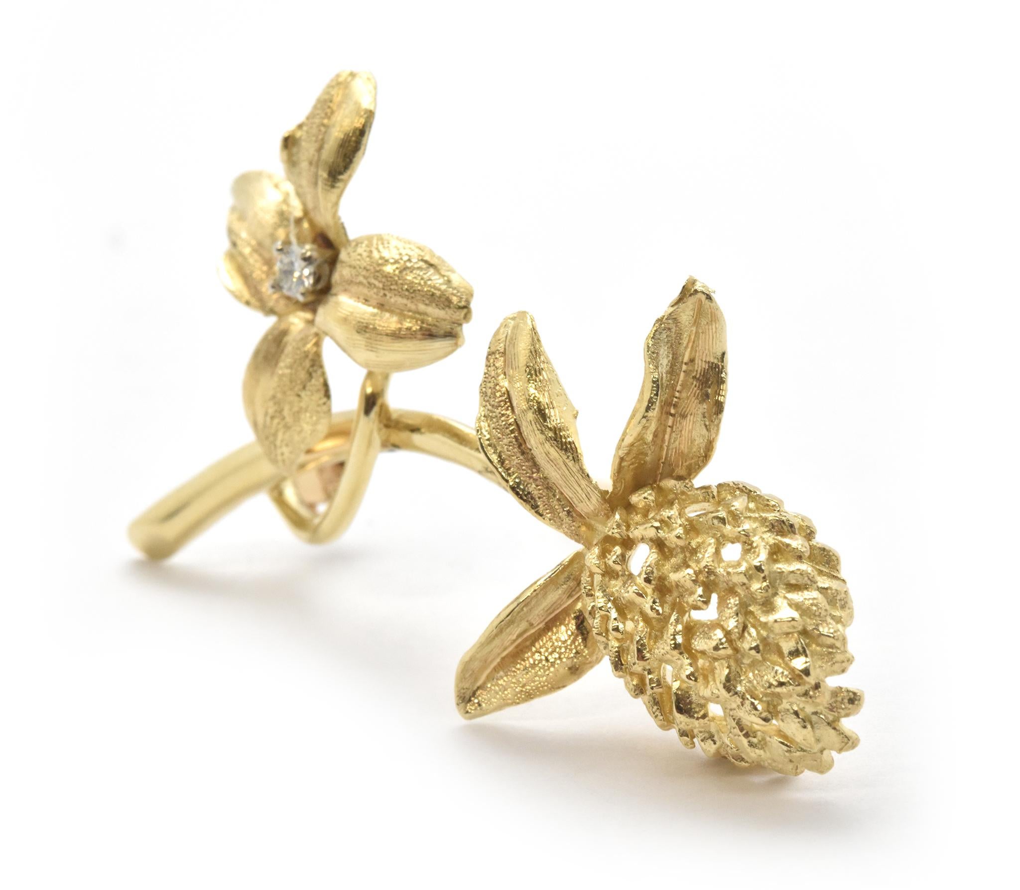 Modern 14 Karat Yellow Gold Flower and Acorn Brooch with Diamond Accent