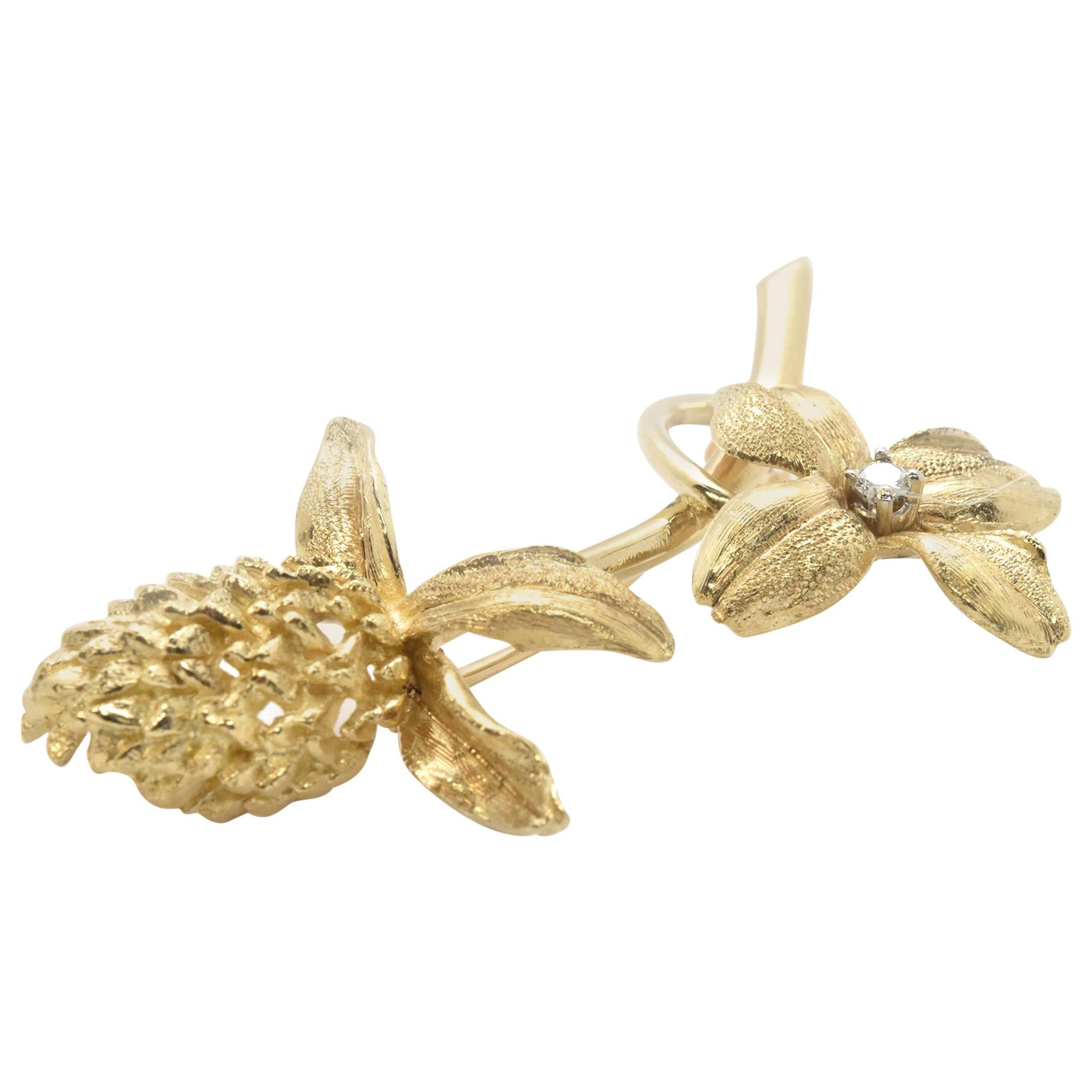 14 Karat Yellow Gold Flower and Acorn Brooch with Diamond Accent