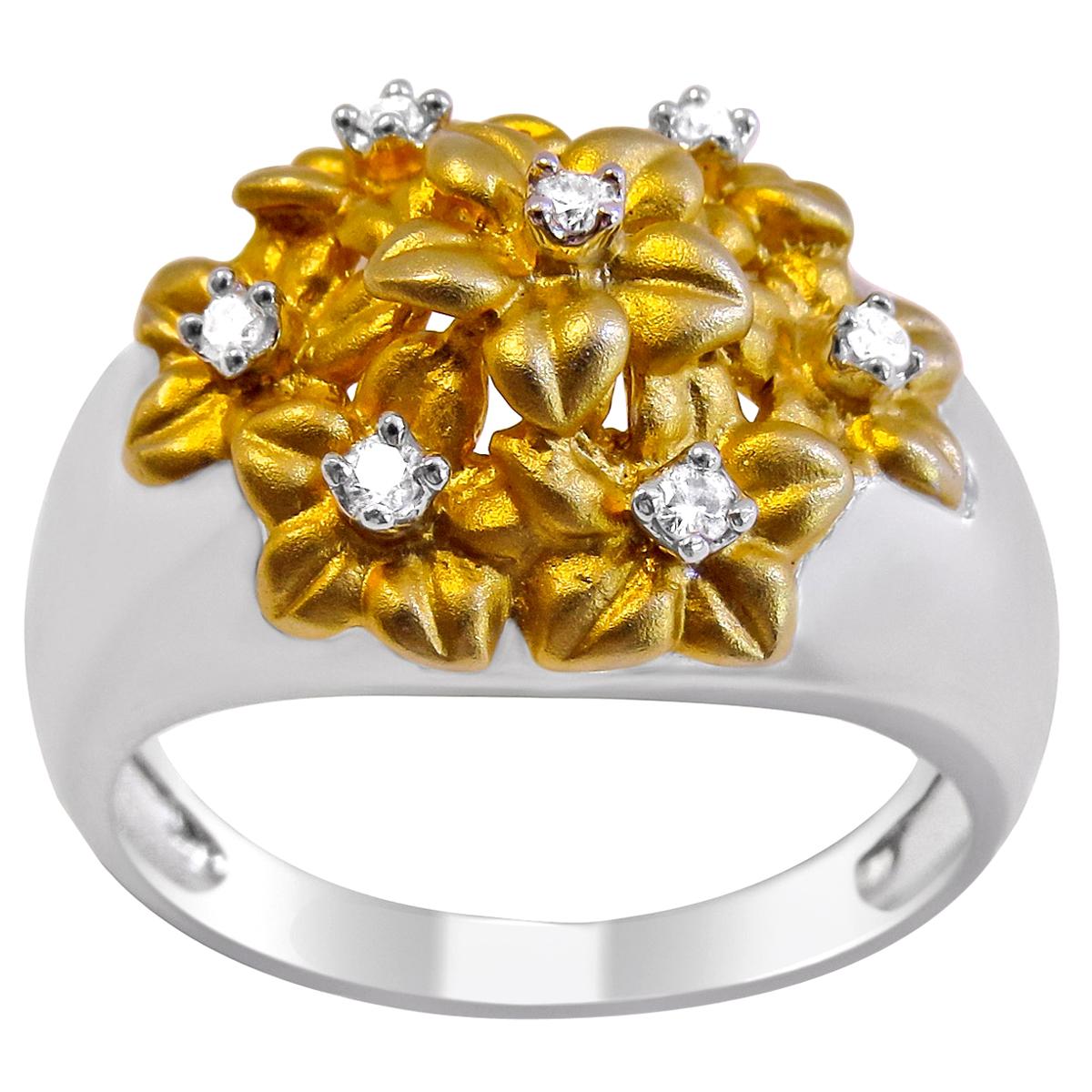 14 Karat Yellow Gold Flower and Diamond on 14 Karat White Band For Sale