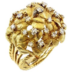 14 Karat Yellow Gold Flower and Leaf Design Diamond Cocktail Ring