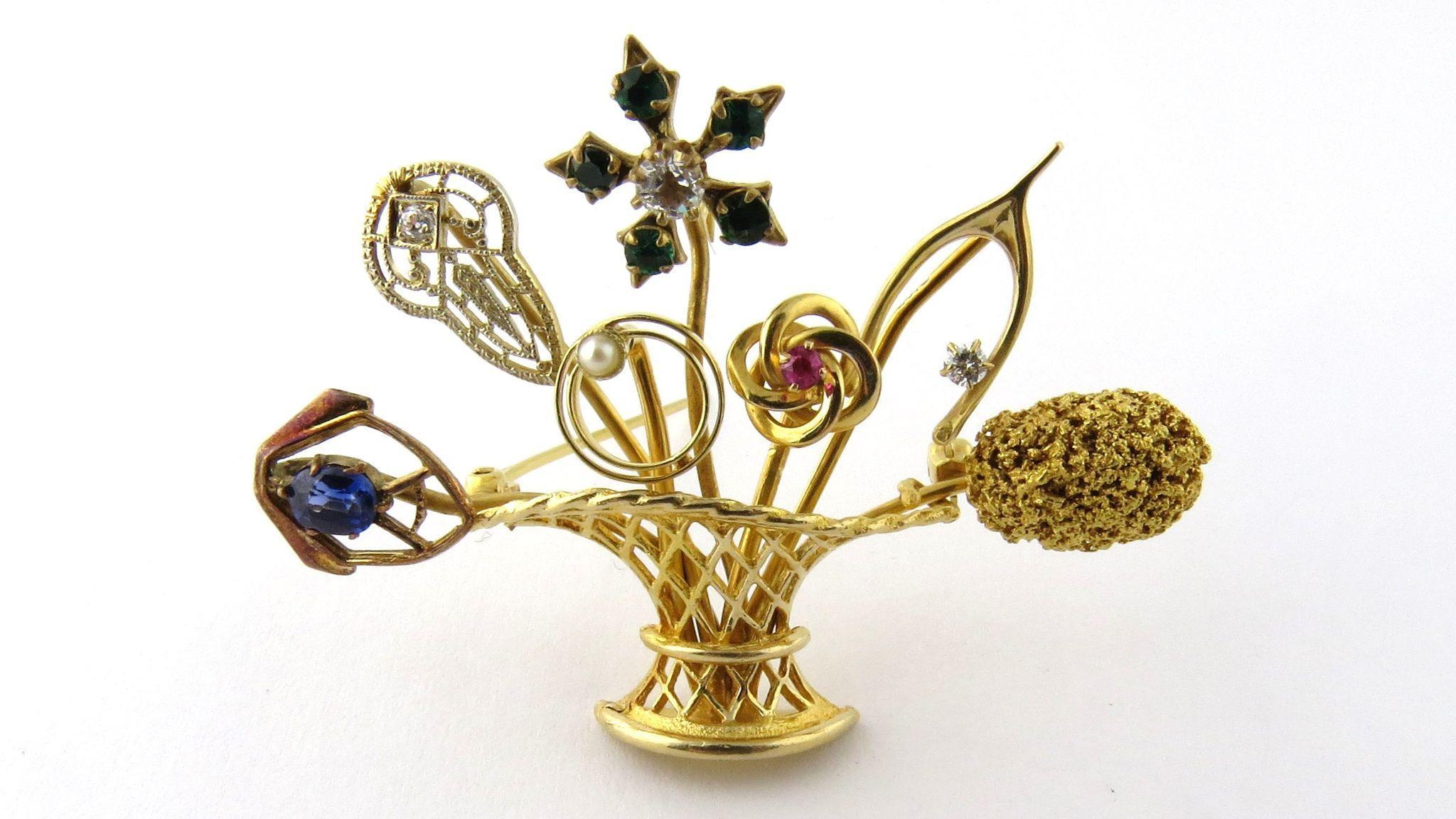 14 Karat Yellow Gold Flower Basket Stick Pin Brooch Handcrafted In Excellent Condition In Washington Depot, CT