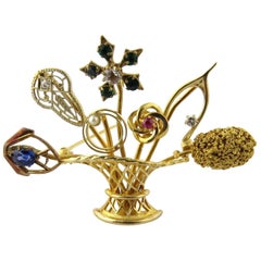 Vintage 14 Karat Yellow Gold Flower Basket Stick Pin Brooch Handcrafted