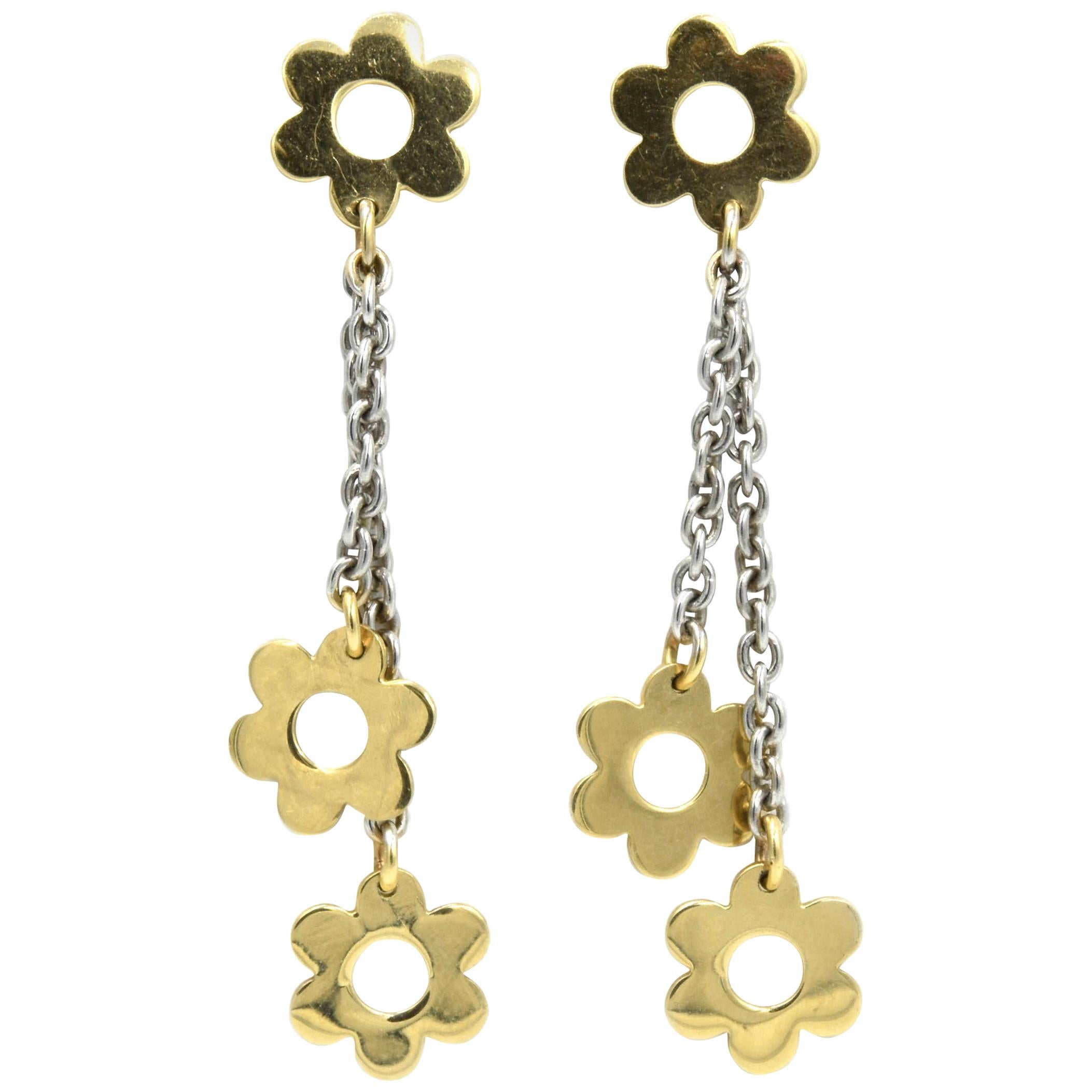 14 Karat Yellow Gold Flower Dangle Earrings, 4.00 Grams