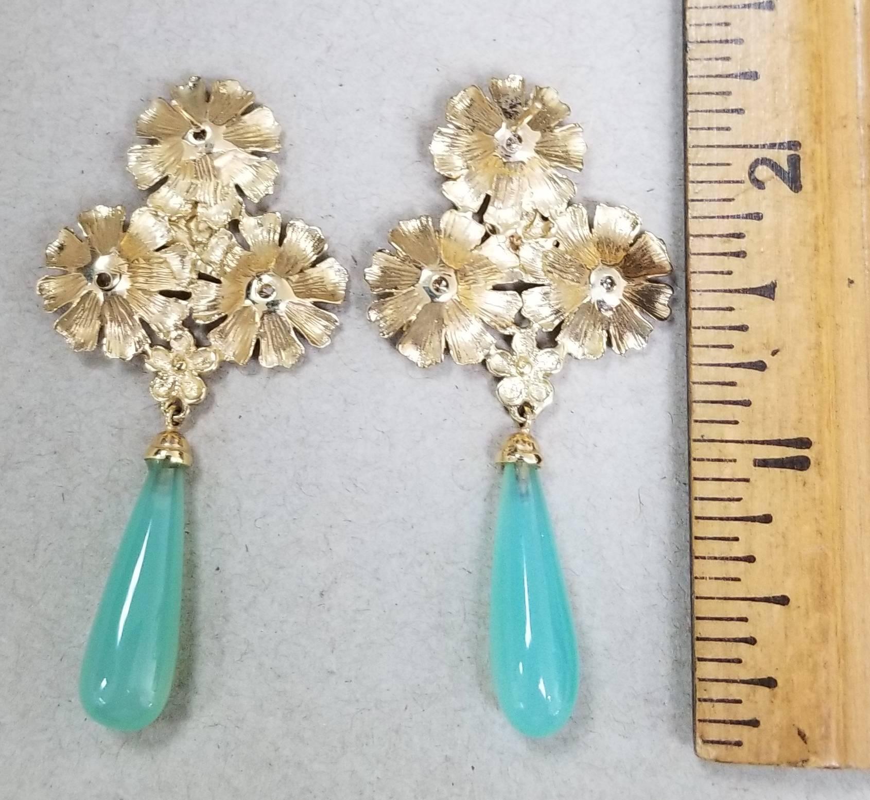 Women's 14 Karat Yellow Gold Flower Earrings with Diamonds and Chalcedony Drops