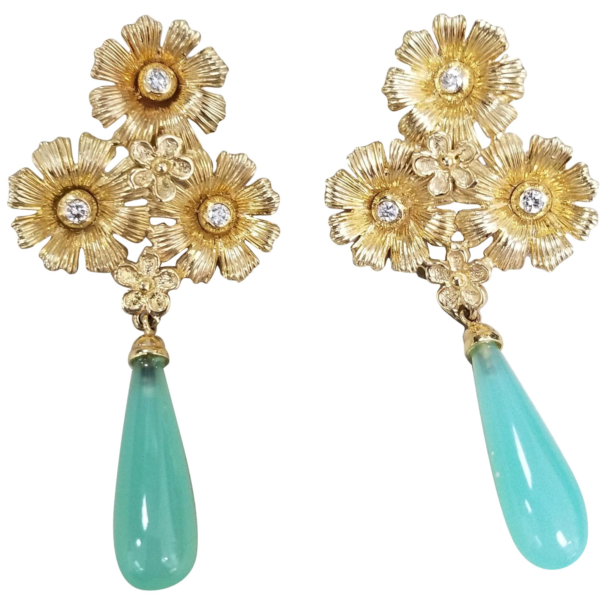 14 Karat Yellow Gold Flower Earrings with Diamonds and Chalcedony Drops
