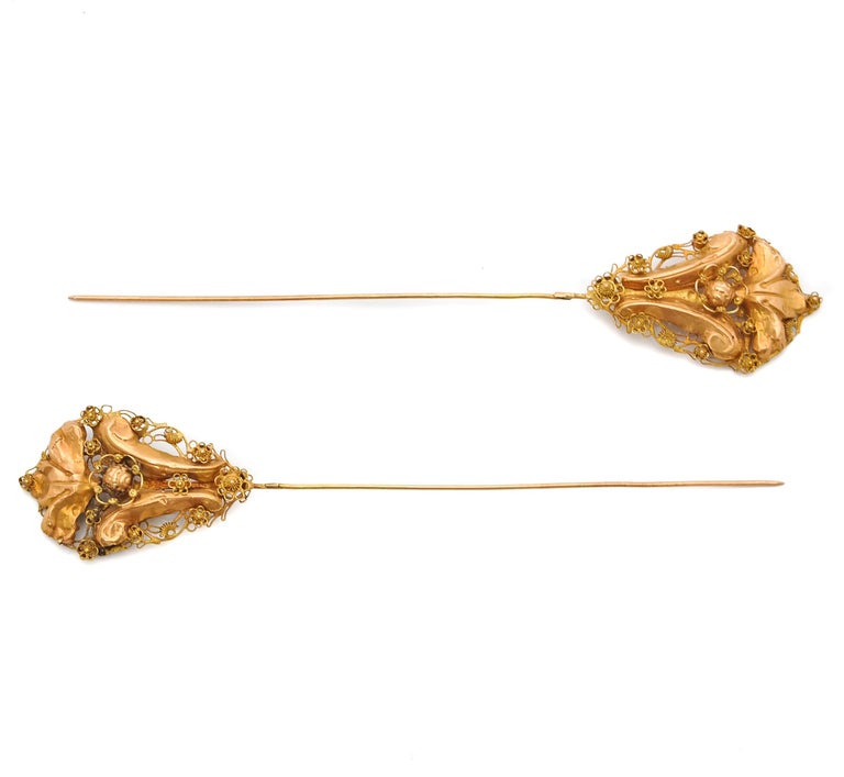 Victorian Filigree Cannetille 14K Gold Stick Pins For Sale 4