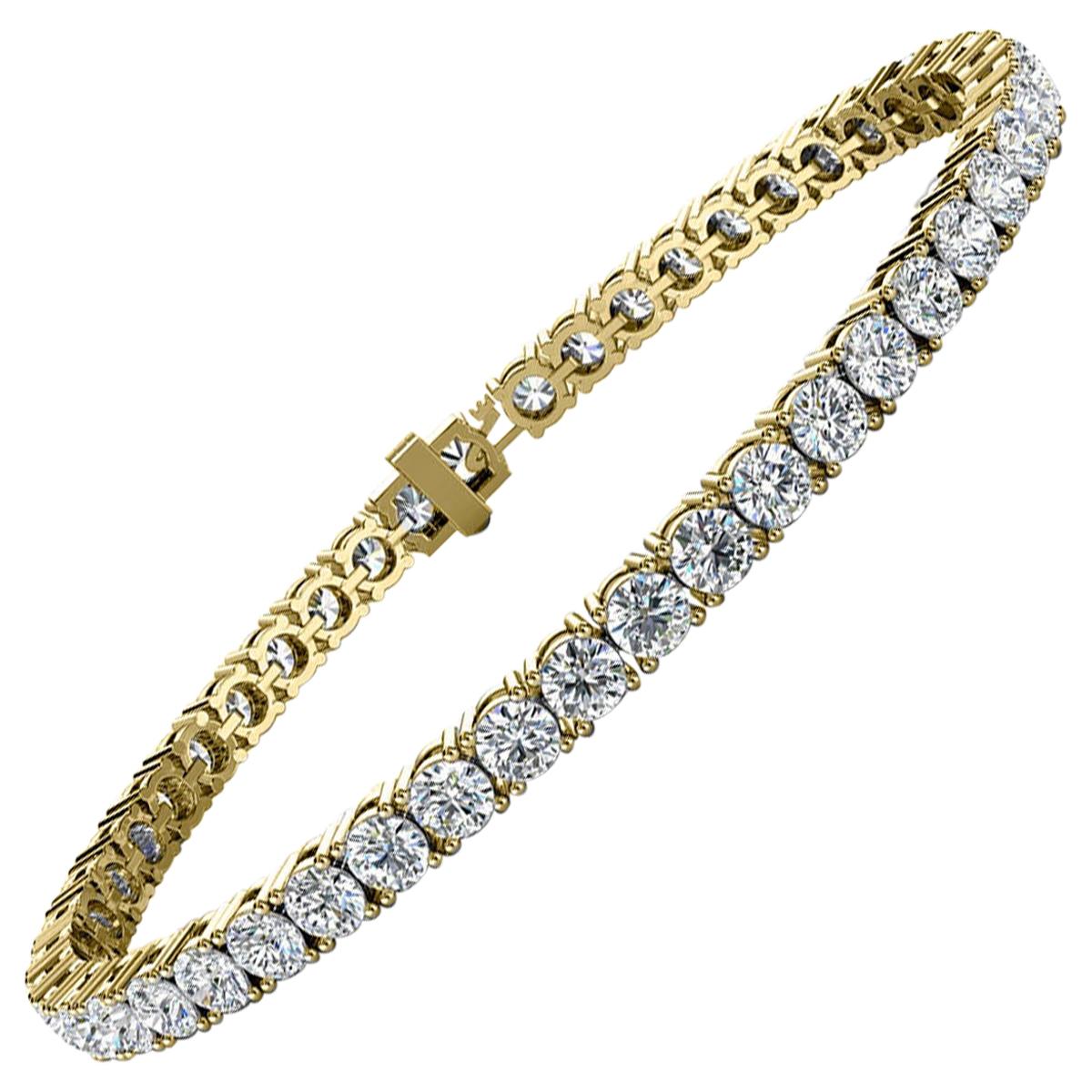 14 Karat Yellow Gold Four Prongs Diamond Tennis Bracelet '7 Carat' For Sale