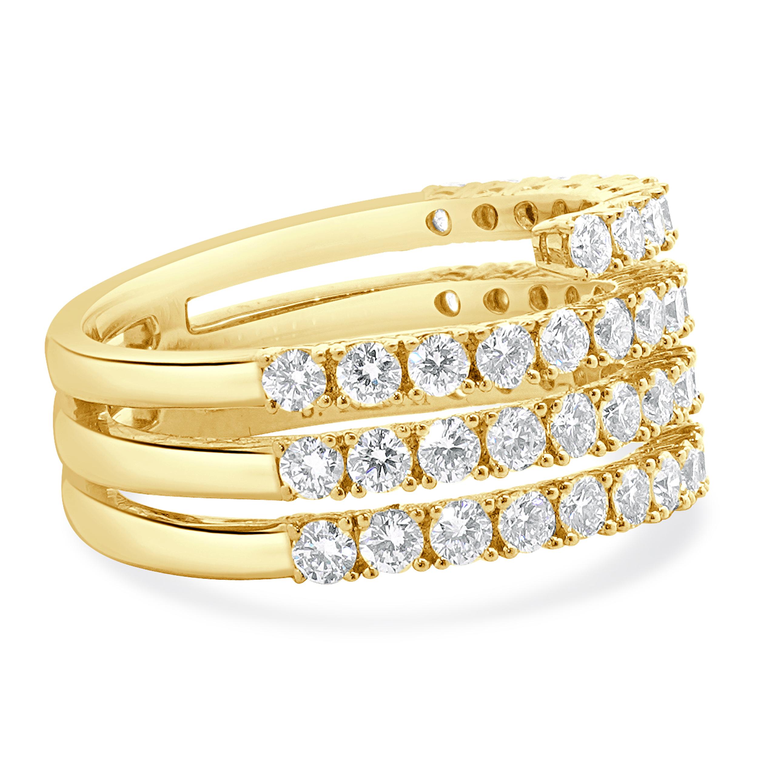 Taille ronde Bague bypass à quatre rangées de diamants en or jaune 14 carats en vente