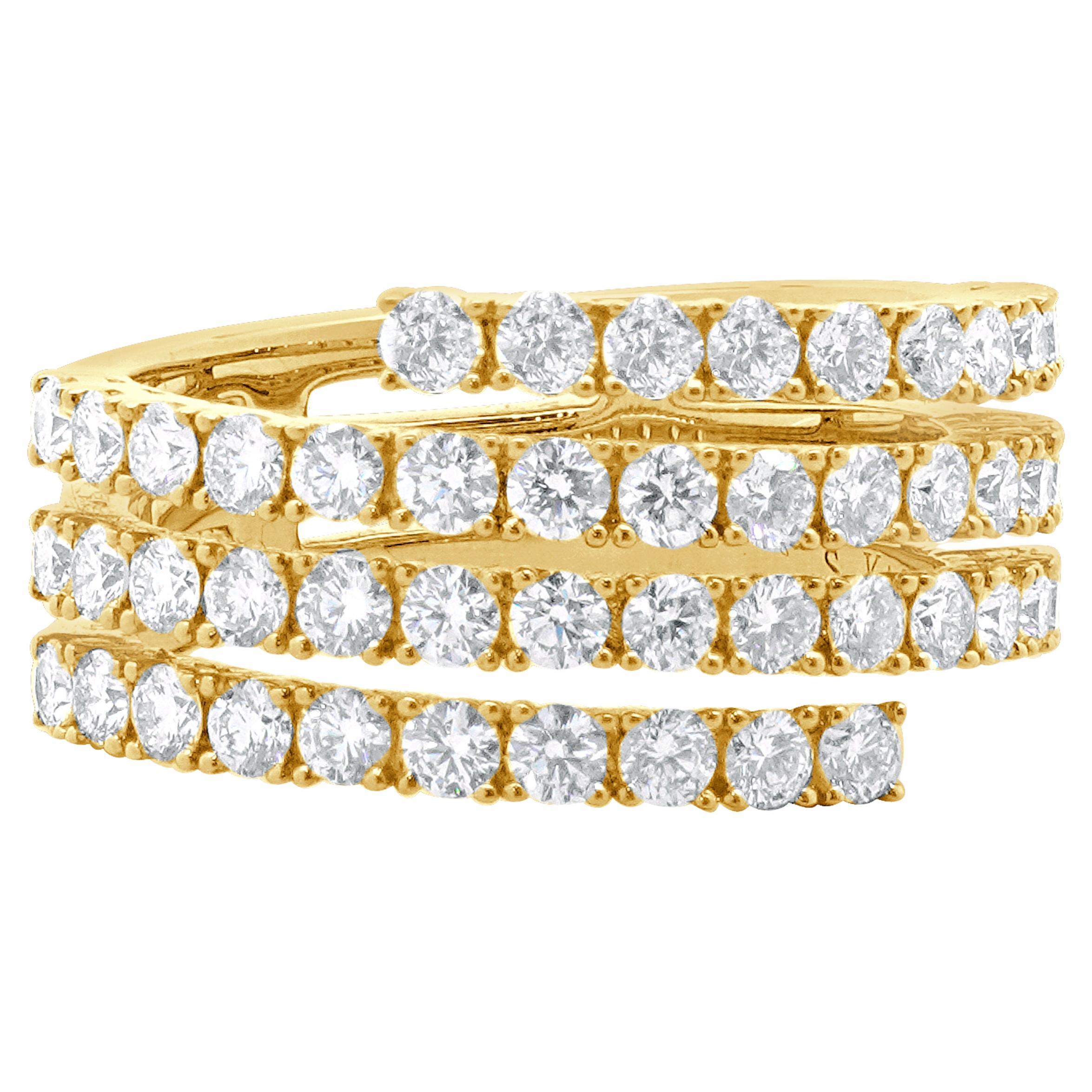 14 Karat Yellow Gold Four Row Diamond Bypass Ring