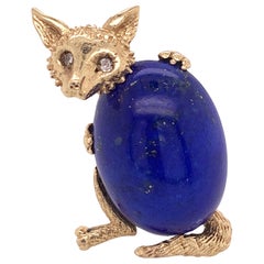 14 Karat Yellow Gold "Fox" Fashion Brooch with Natural Oval Lapis Lazuli