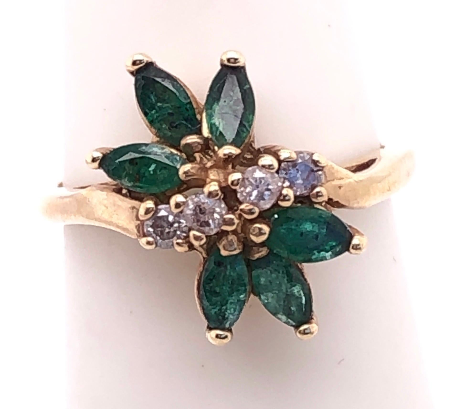 Modern 14 Karat Yellow Gold Freeform Emerald with Diamond Accents Ring For Sale