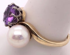 14 Karat Yellow Gold Freeform Ring with Solitaire Amethyst and Pearl