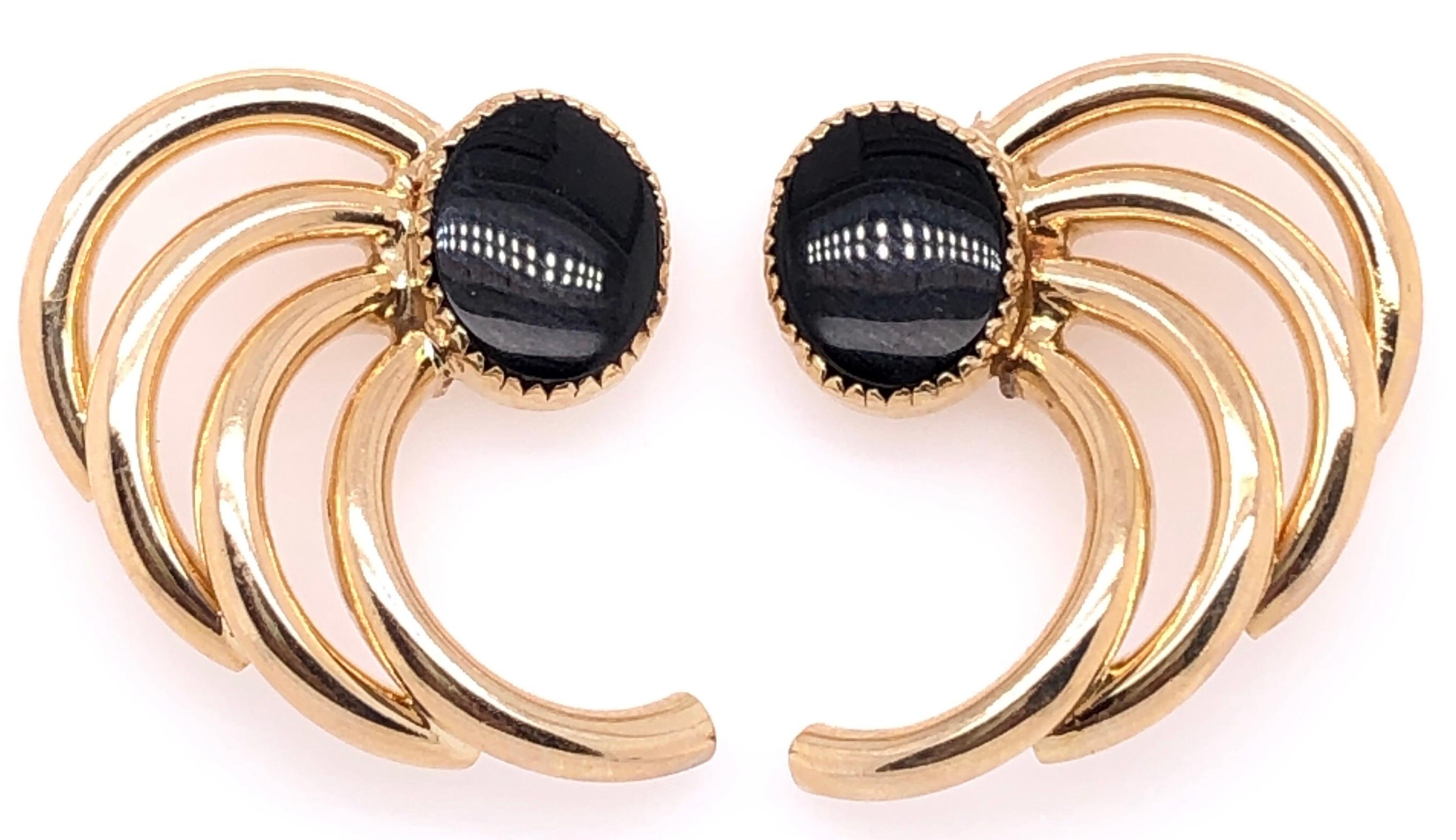 Round Cut 14 Karat Yellow Gold Free Style Onyx Earrings For Sale