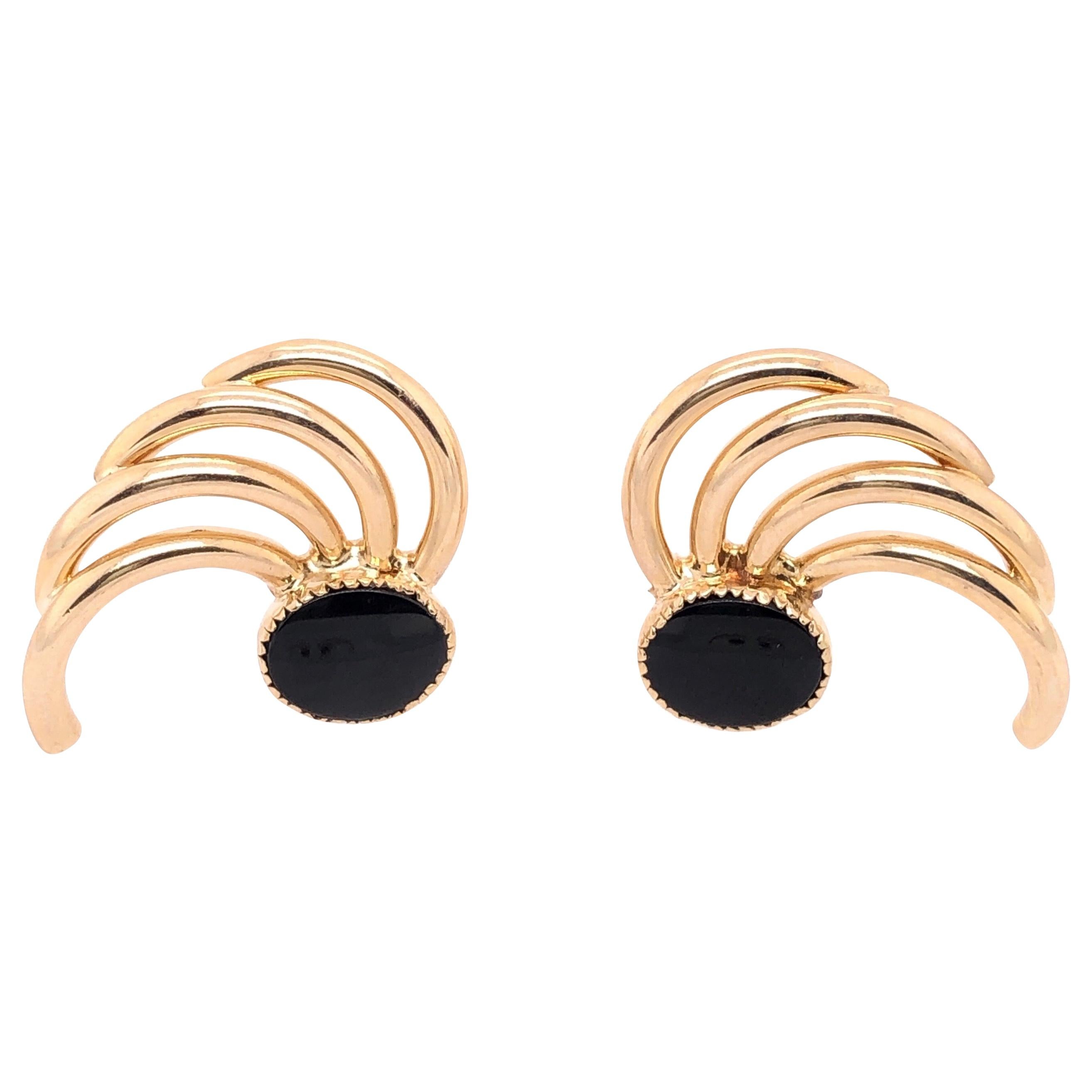 14 Karat Yellow Gold Free Style Onyx Earrings