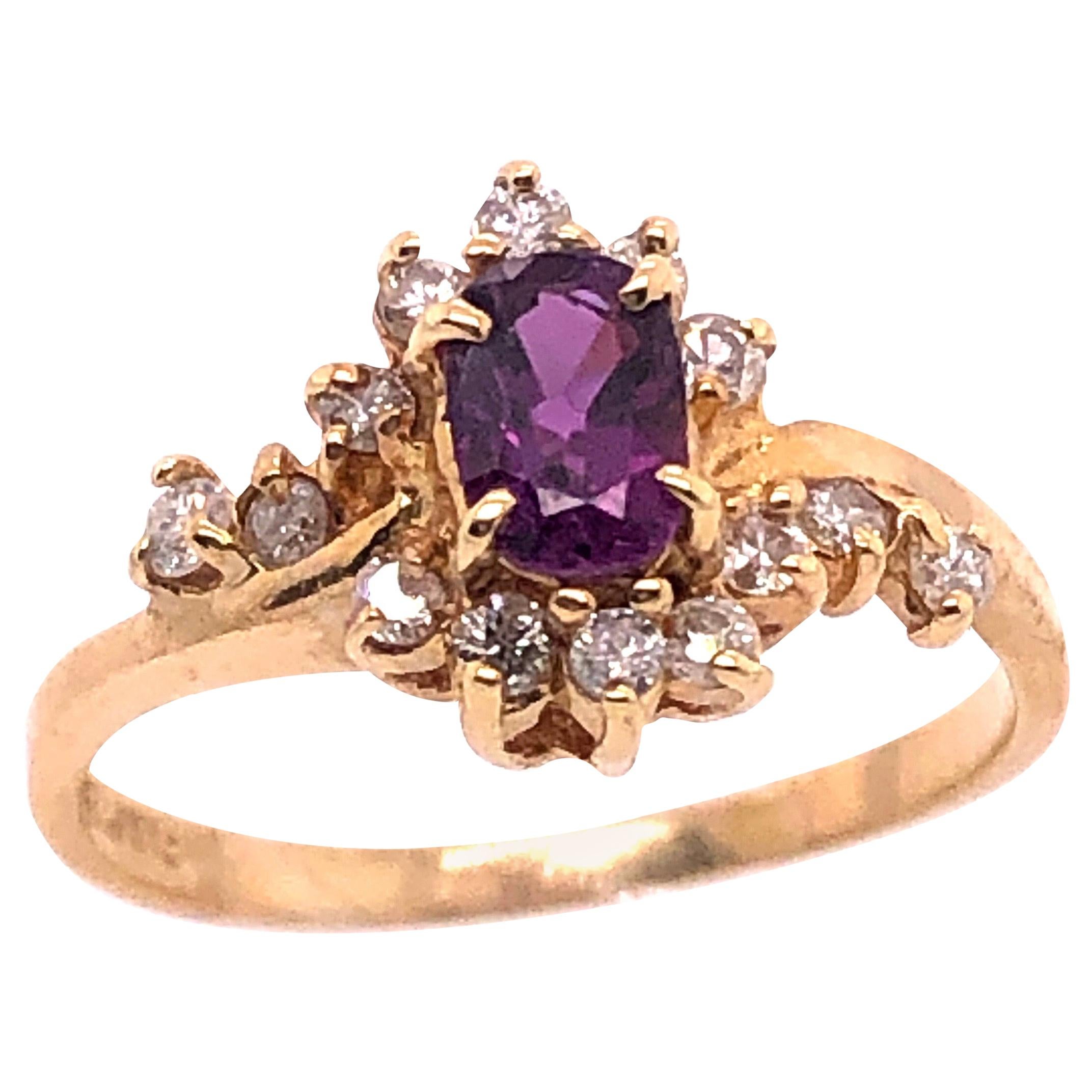 14 Karat Yellow Gold Freeform Amethyst Ring with Diamond Accents For Sale