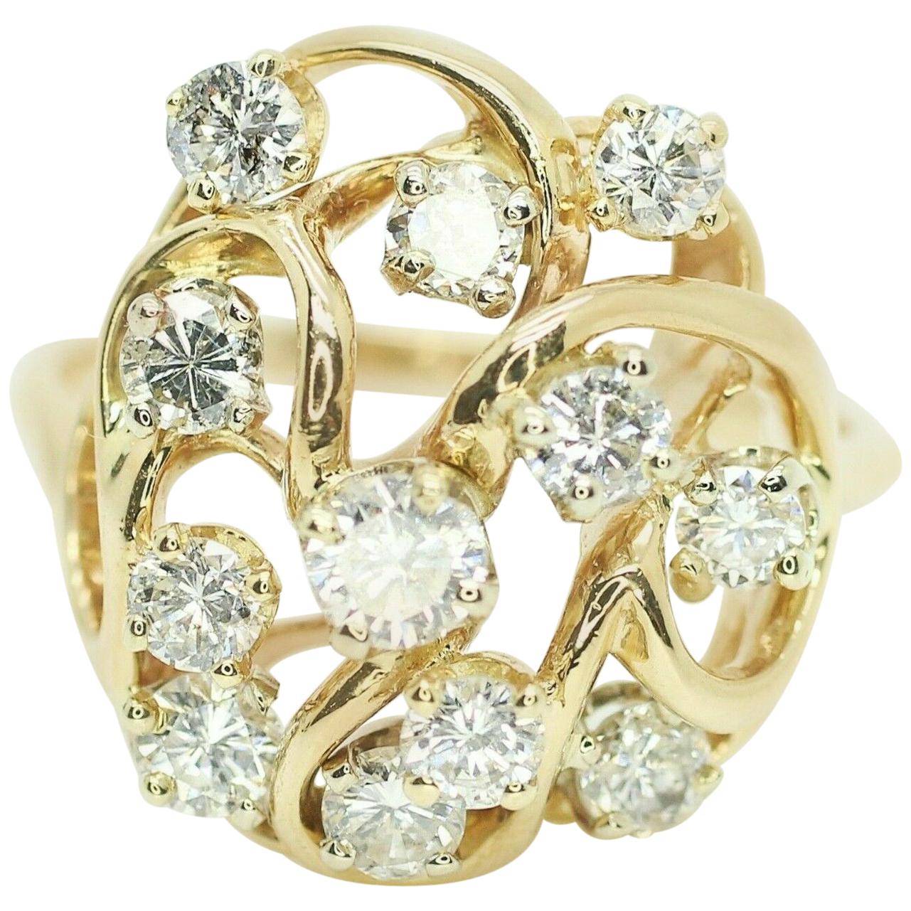 14 Karat Yellow Gold Freeform Diamond Ring 1.20 Carat