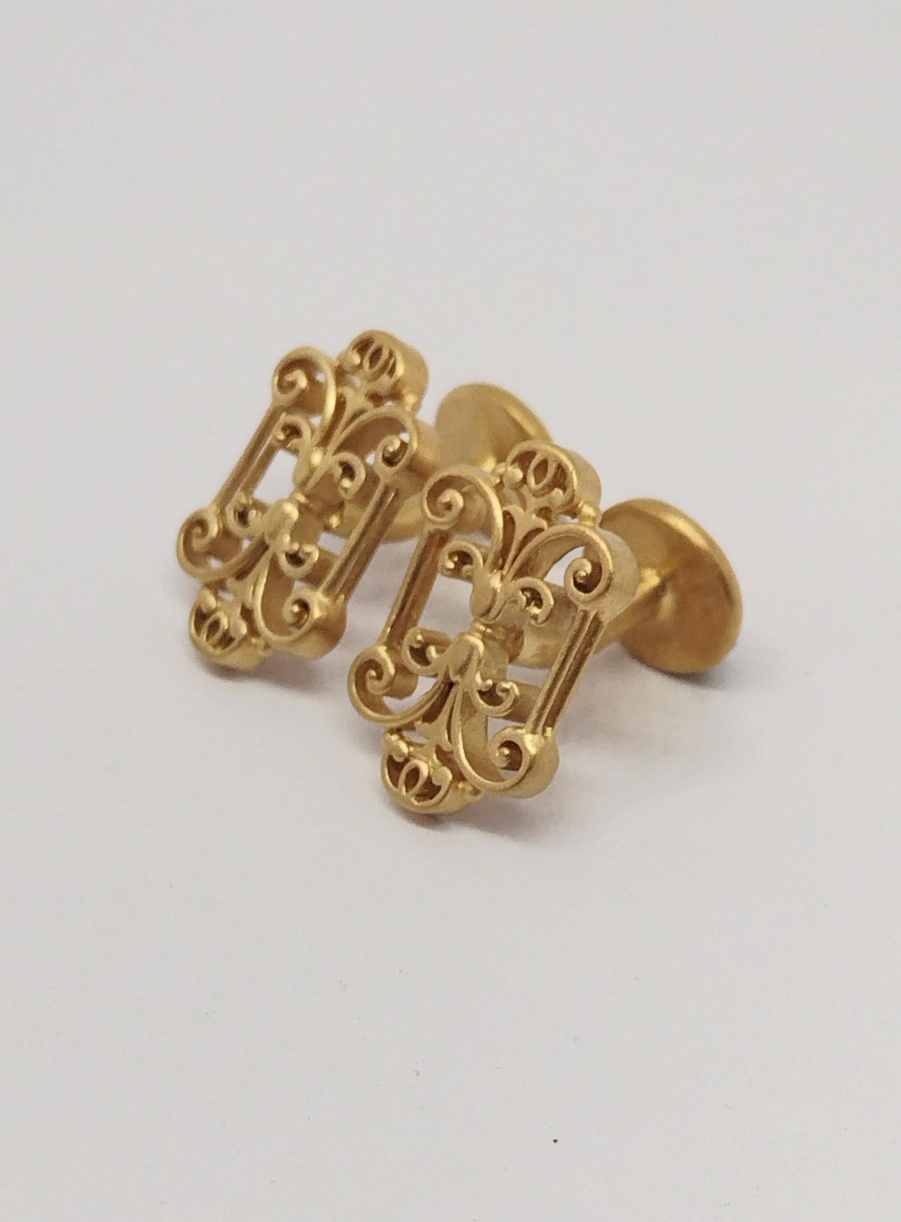 14 Karat Yellow Gold French Gate Cufflinks , This is a series for cufflinks from my travels. Photographs of iron and bronze gates, fences,and windows. The lost art of decorative hand wrought metal work. These are matte and polished  22 mm x 14 x 3