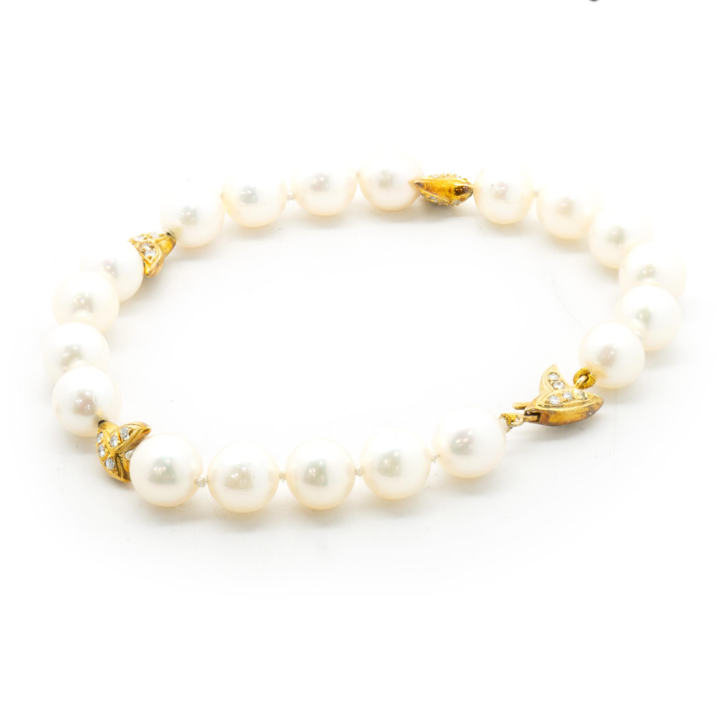 14 Karat Yellow Gold Freshwater Pearl and Diamond Station Bracelet In Excellent Condition For Sale In Scottsdale, AZ