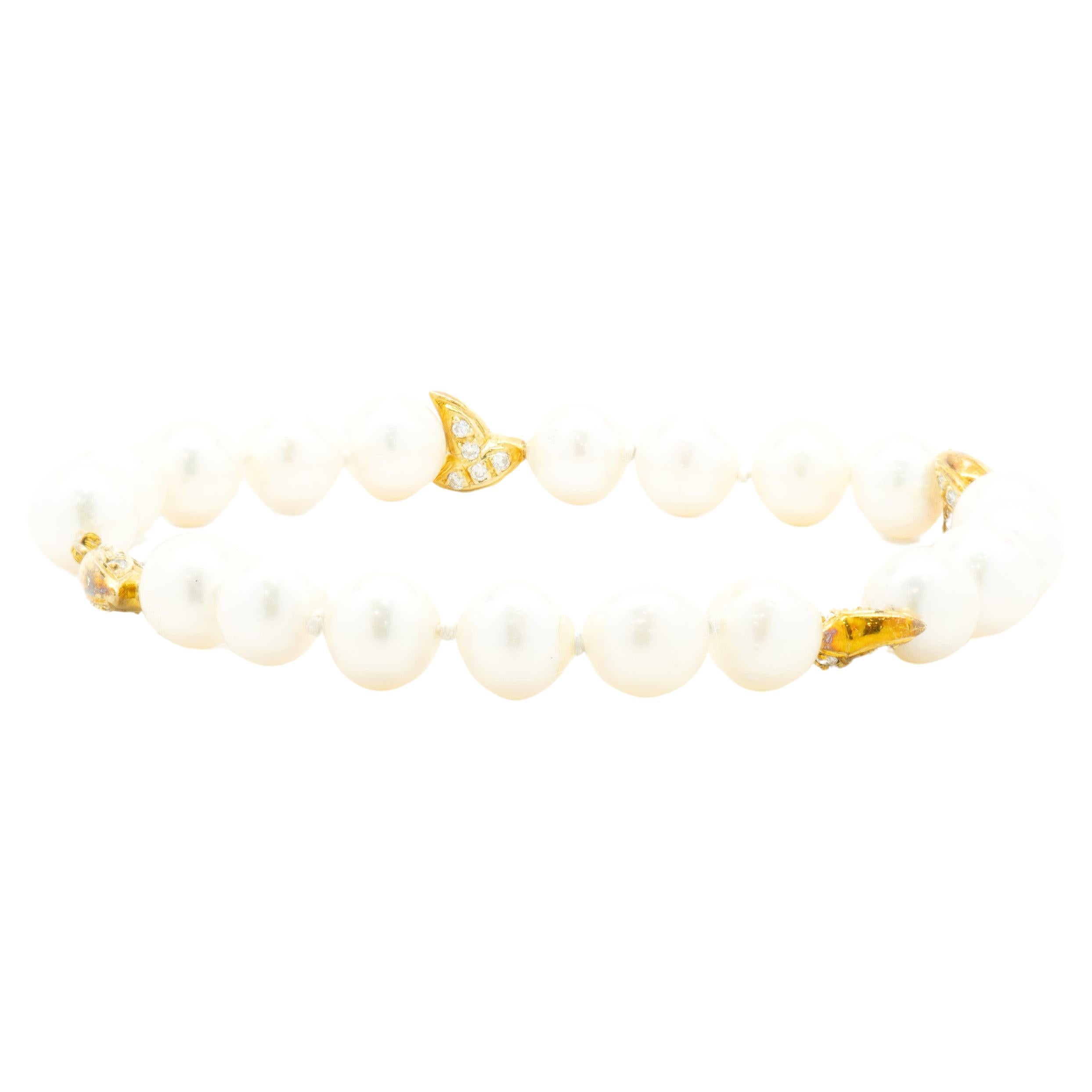 14 Karat Yellow Gold Freshwater Pearl and Diamond Station Bracelet For Sale