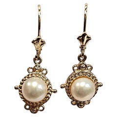 14 Karat Yellow Gold Freshwater Pearl Dangle Earrings