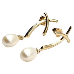 Pendientes X con perla de agua dulce de oro amarillo de 14 quilates #20494